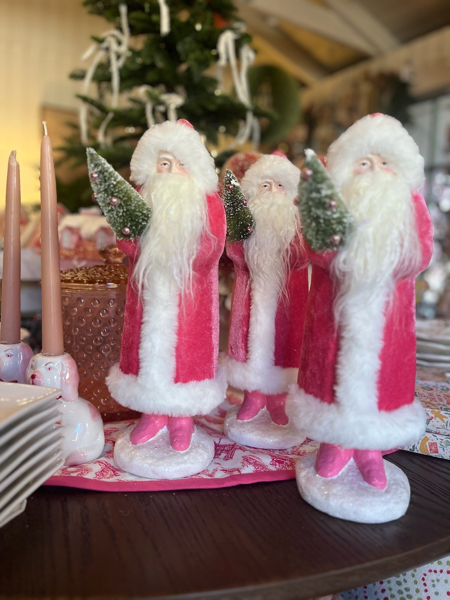 Pink Velvet Santa with Green Tree