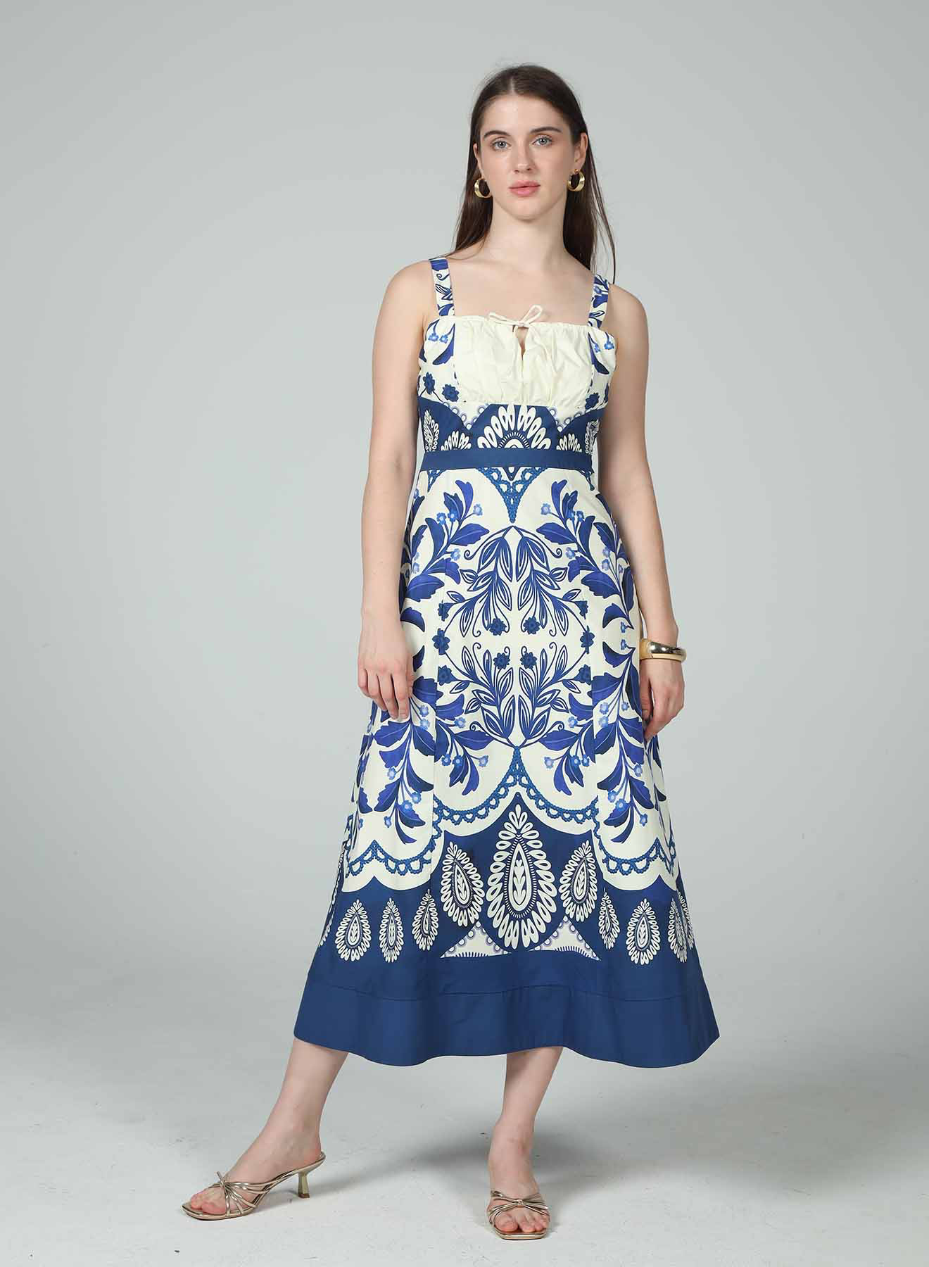 Blue Paisley Square Neck Midi Dress