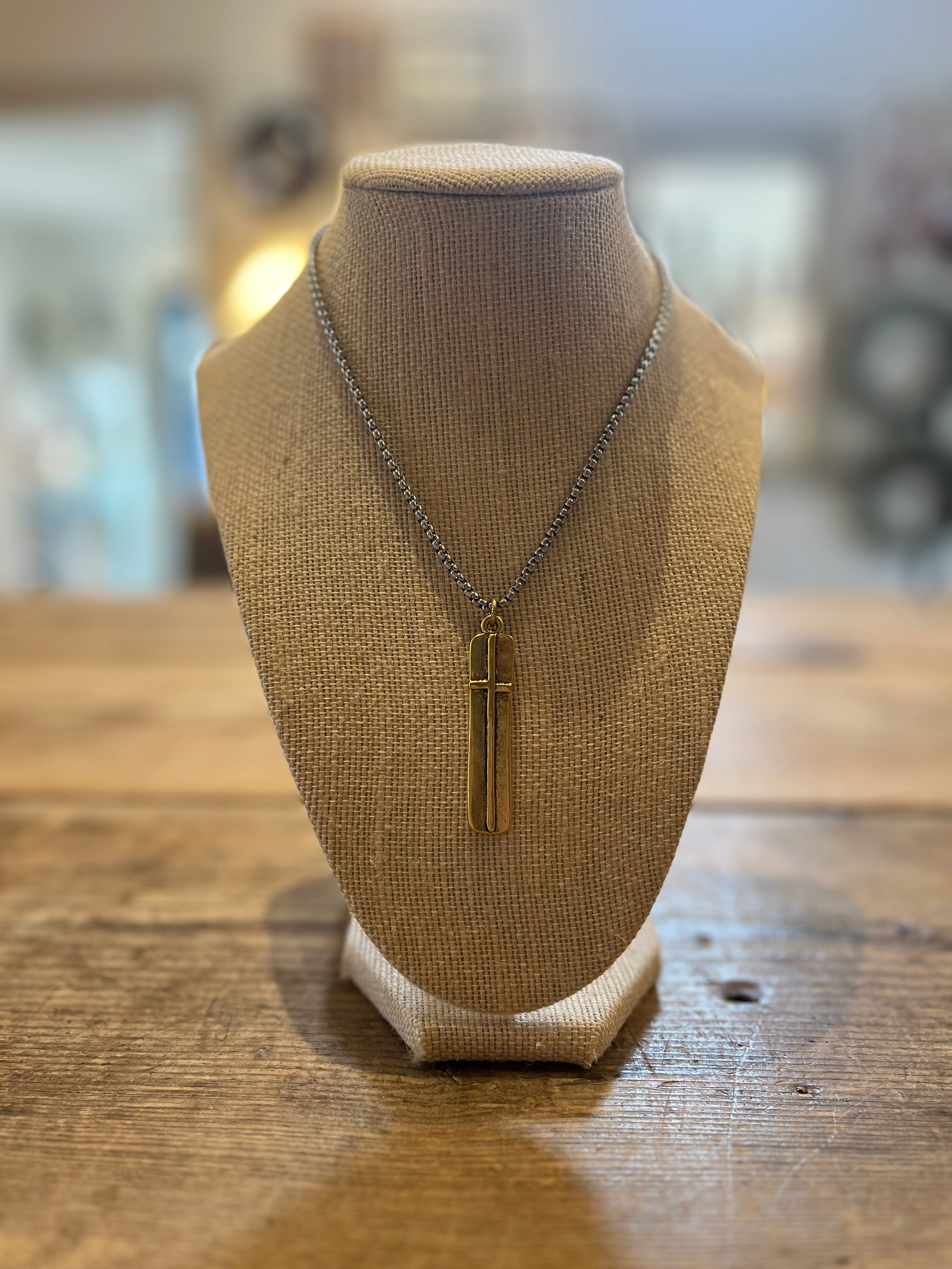 Gunmetal Gold Cross Amulet Necklace