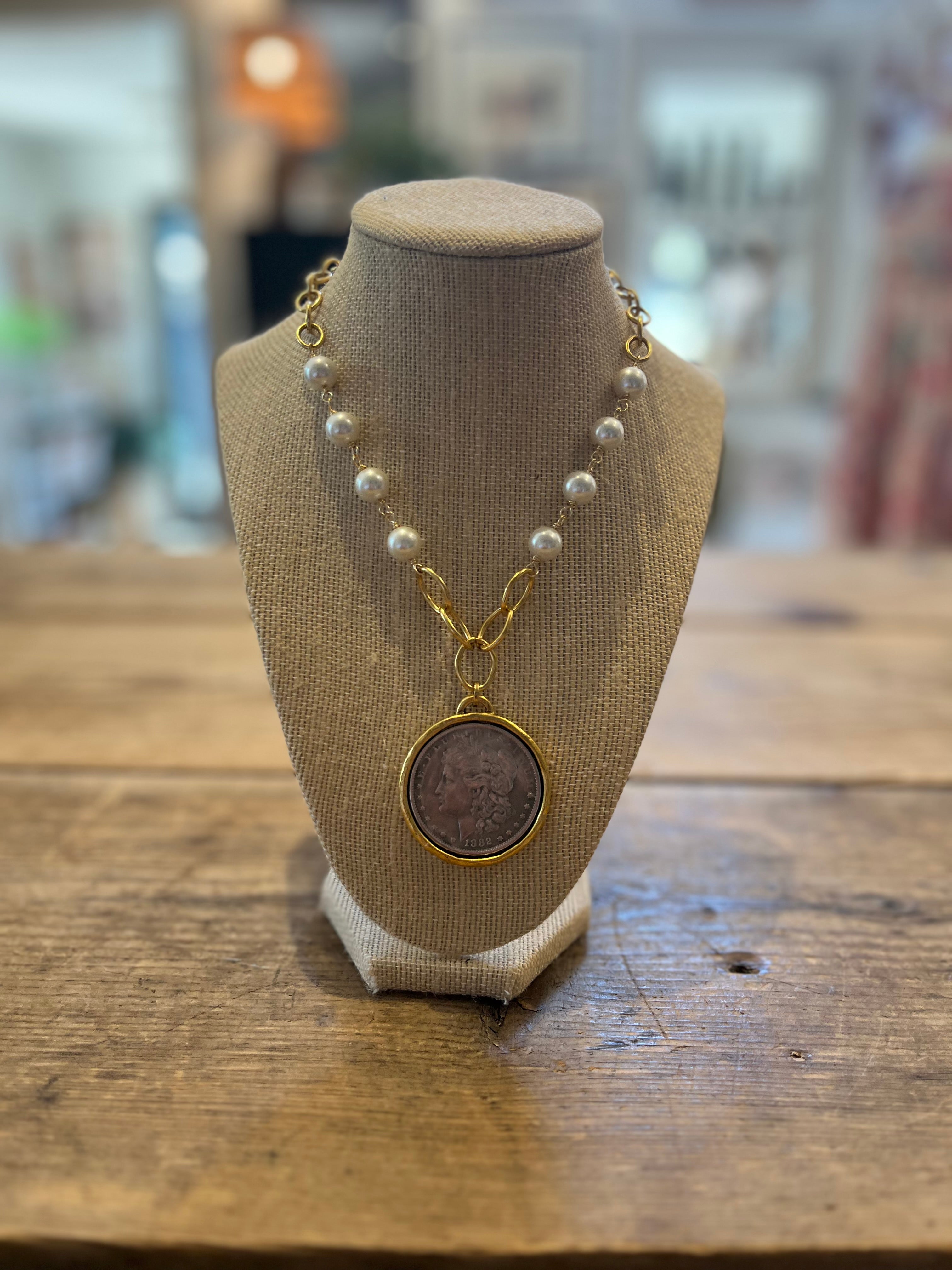Silver Dollar Pearl Coin Necklace