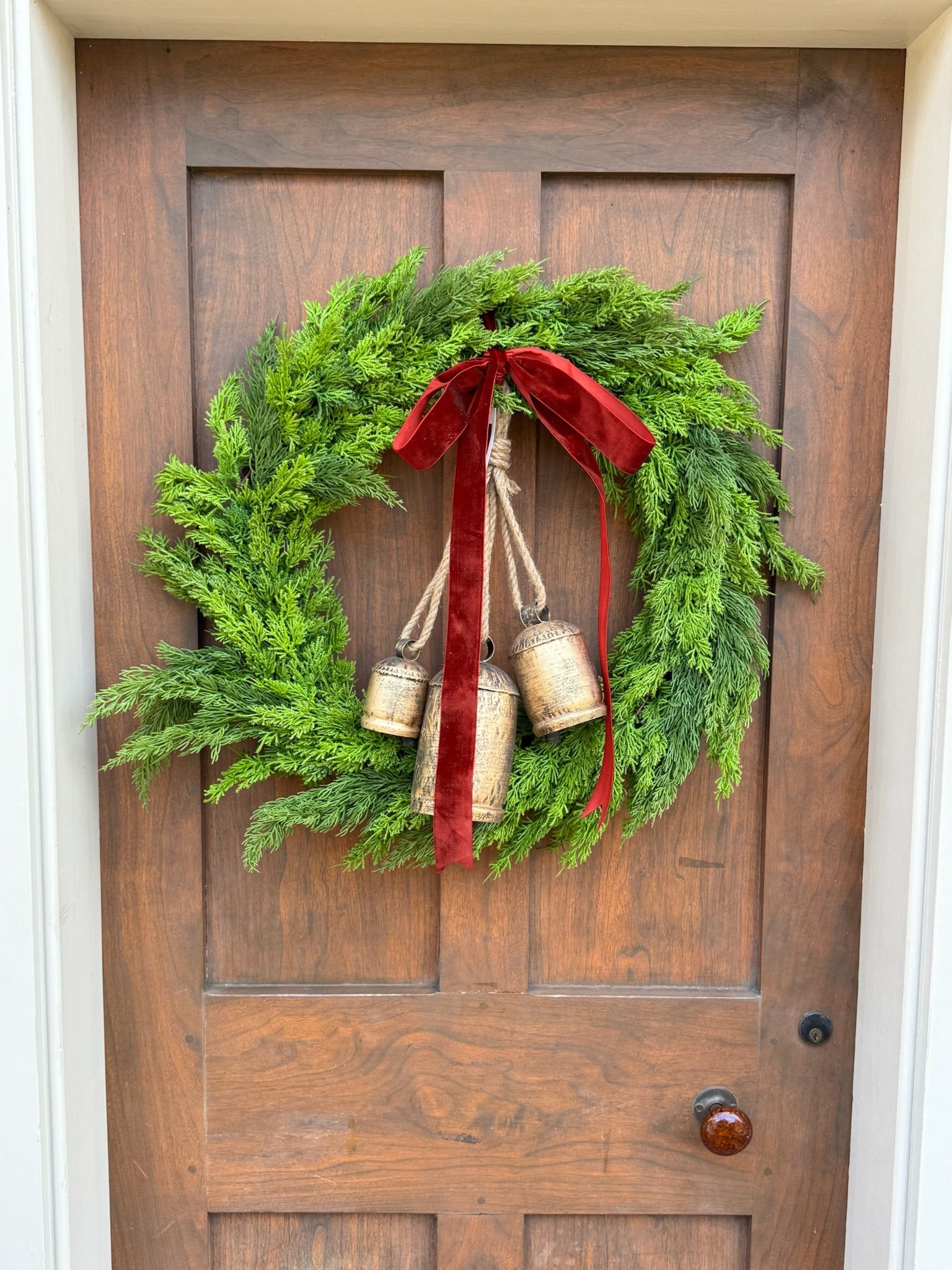Green Cedar Wreath with Vintage Bells and Bow