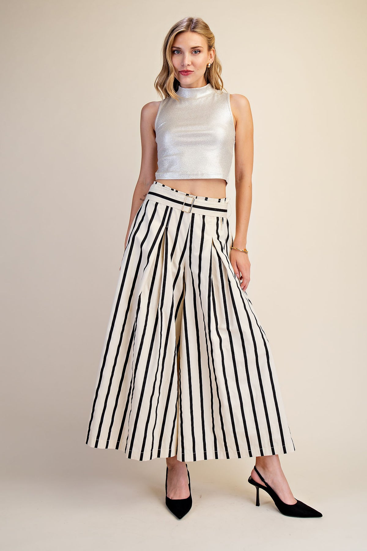 Belted High Waist Striped Pants
