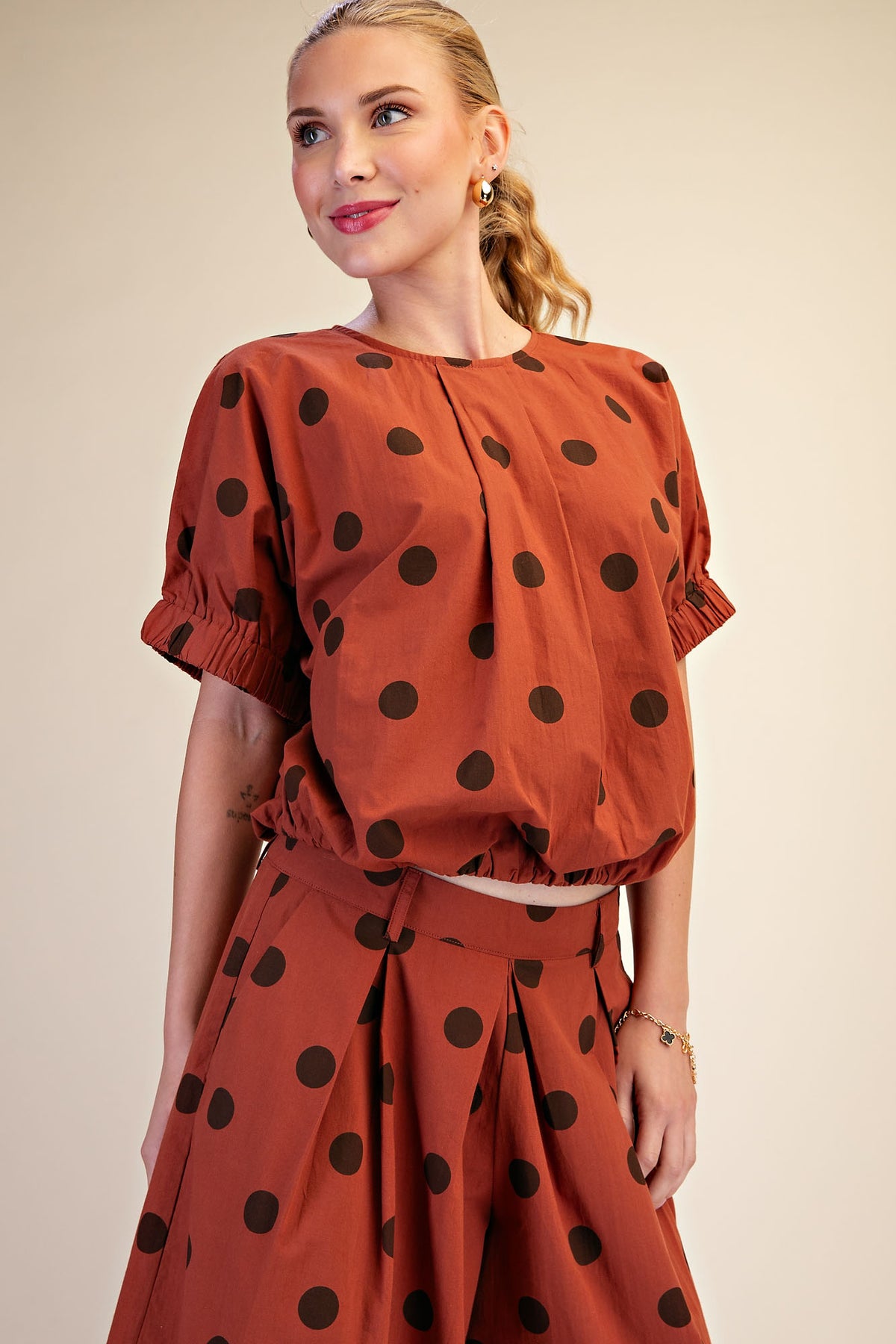 Polka Dot Pleated Top & Wide Leg Pants