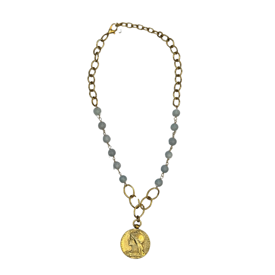 Aquamarine Bead Coin Necklace