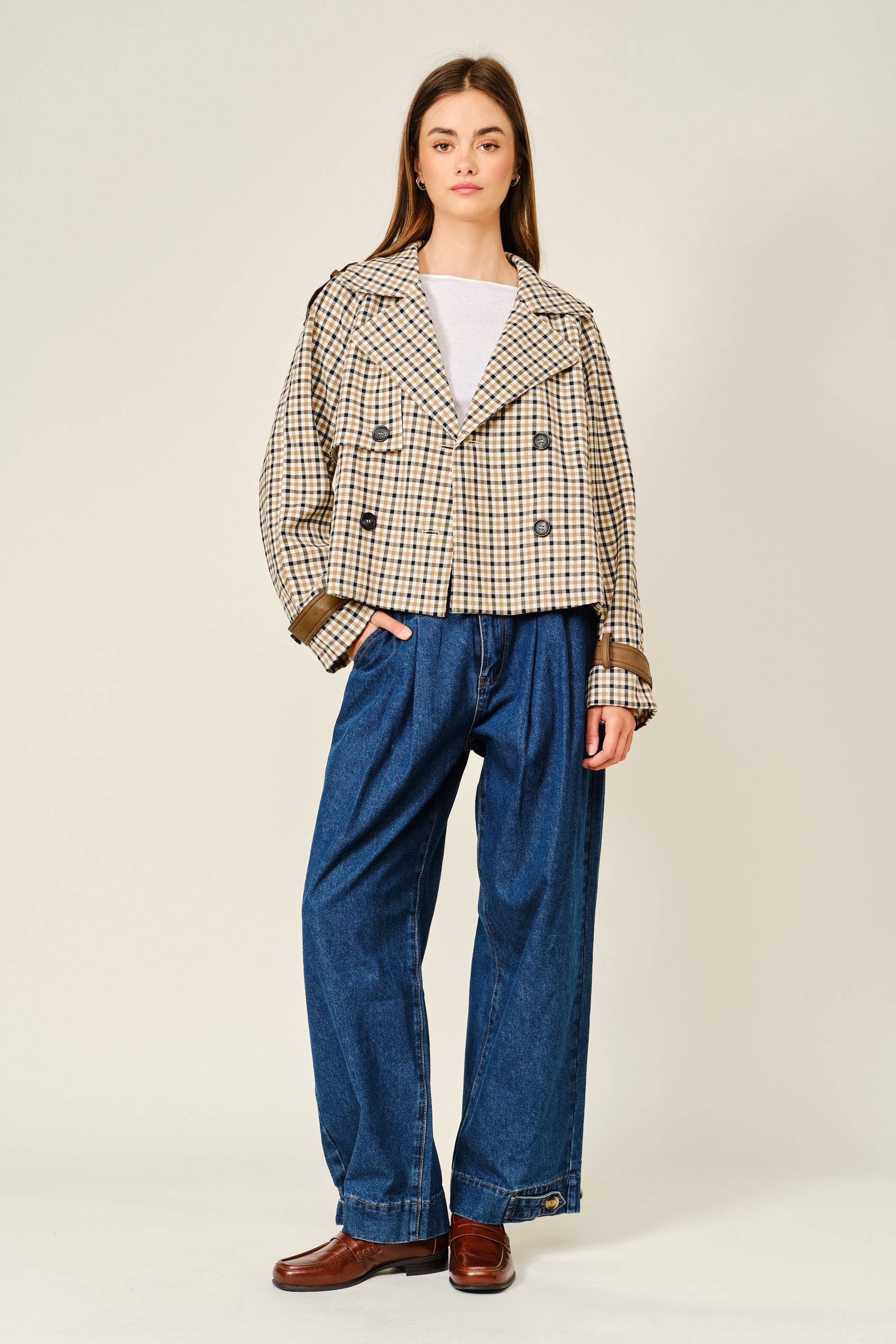 Oxford Plaid Short Trench Jacket