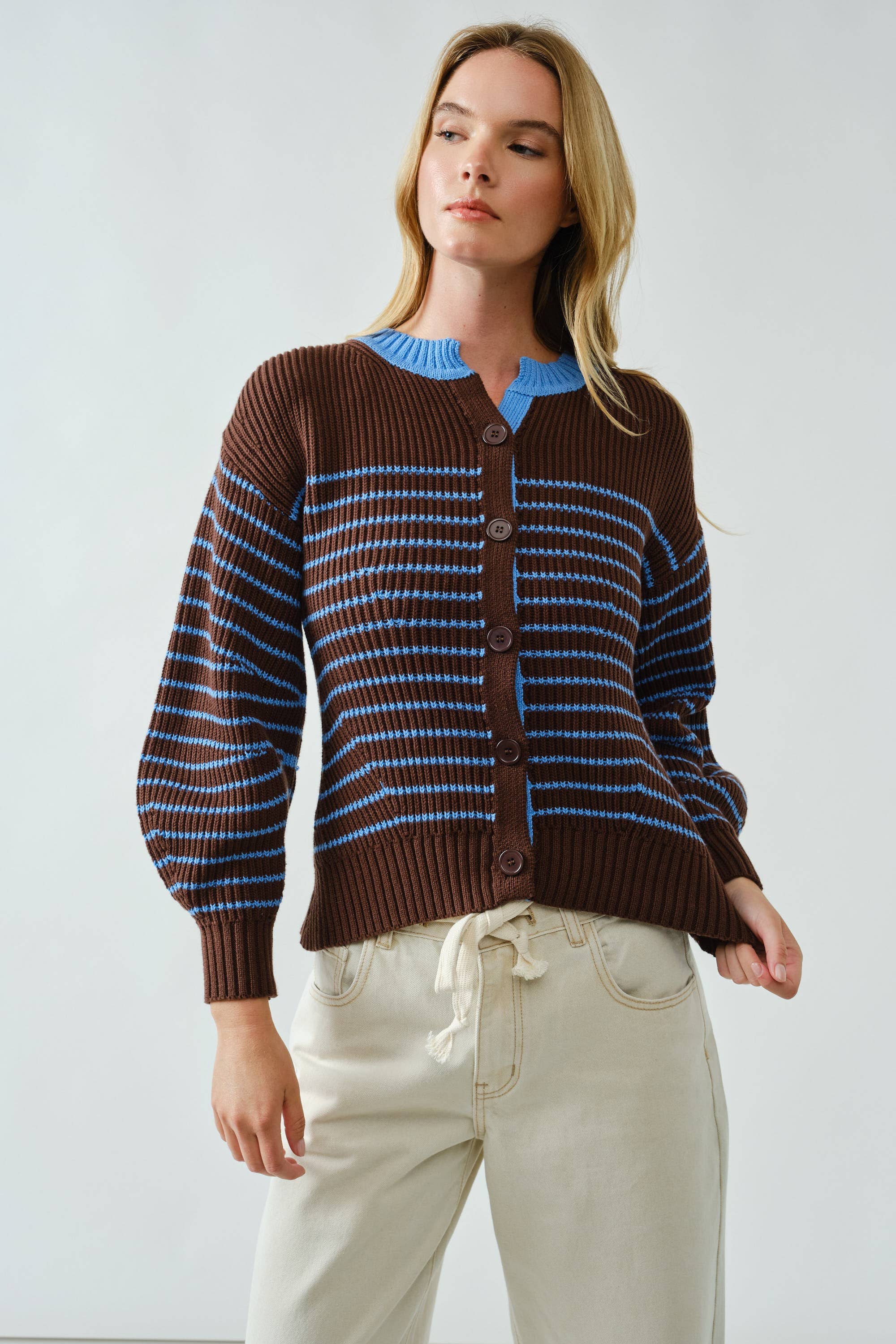 Voluminous Sleeve Stripe Cardigan