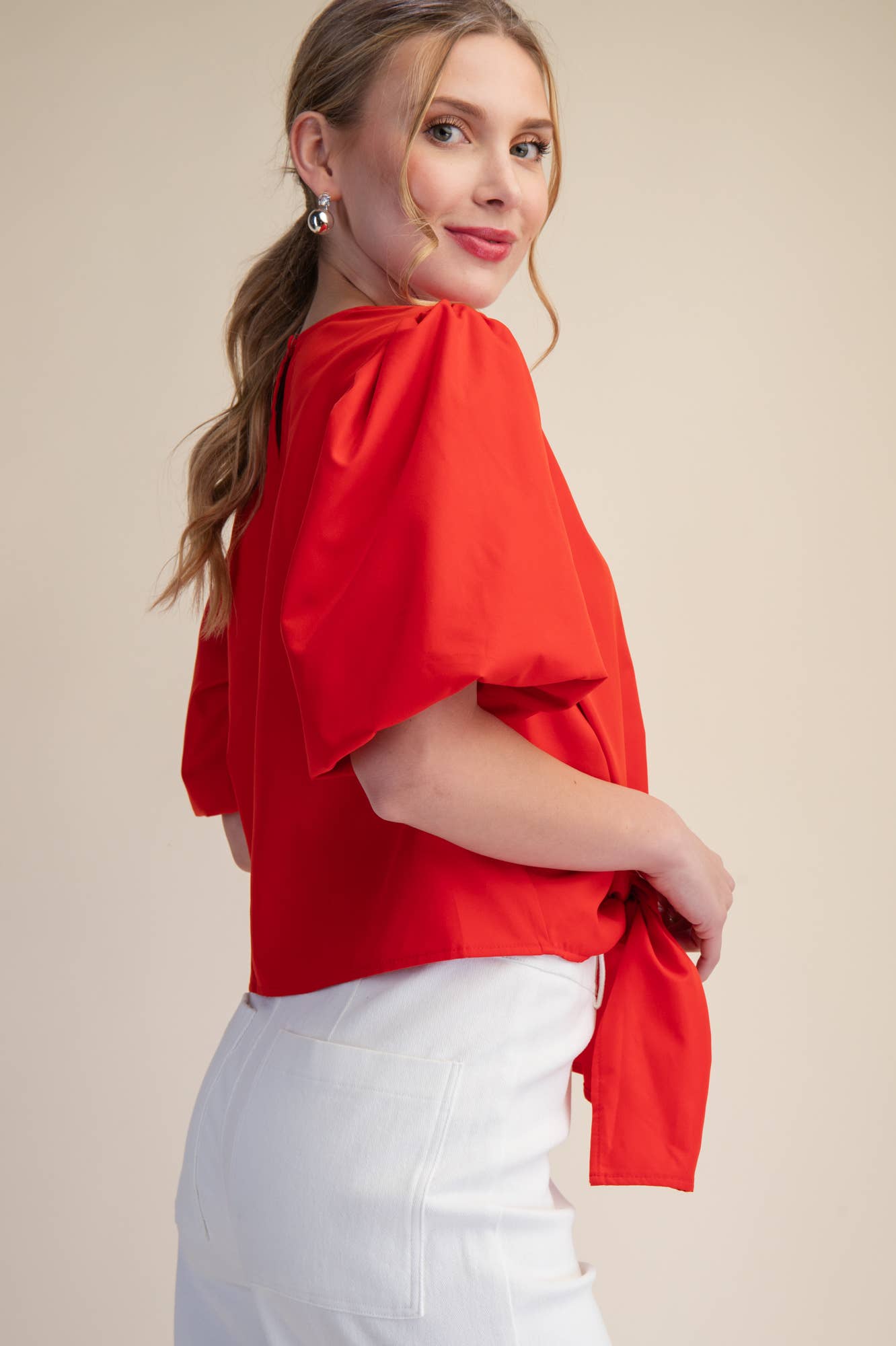 Tie-Front Blouse Puff Sleeve