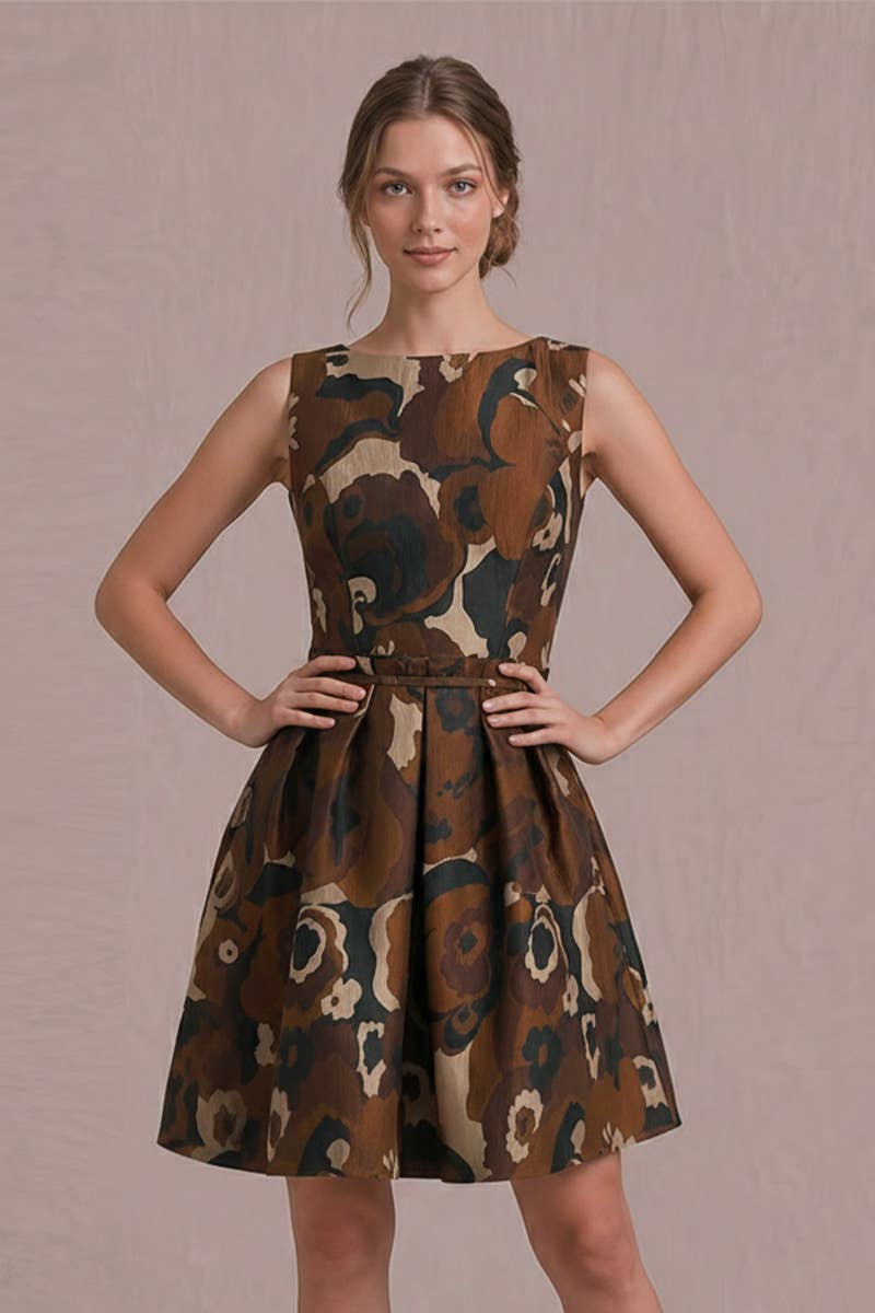 Boat Neck Brown Patterned Mini Dress