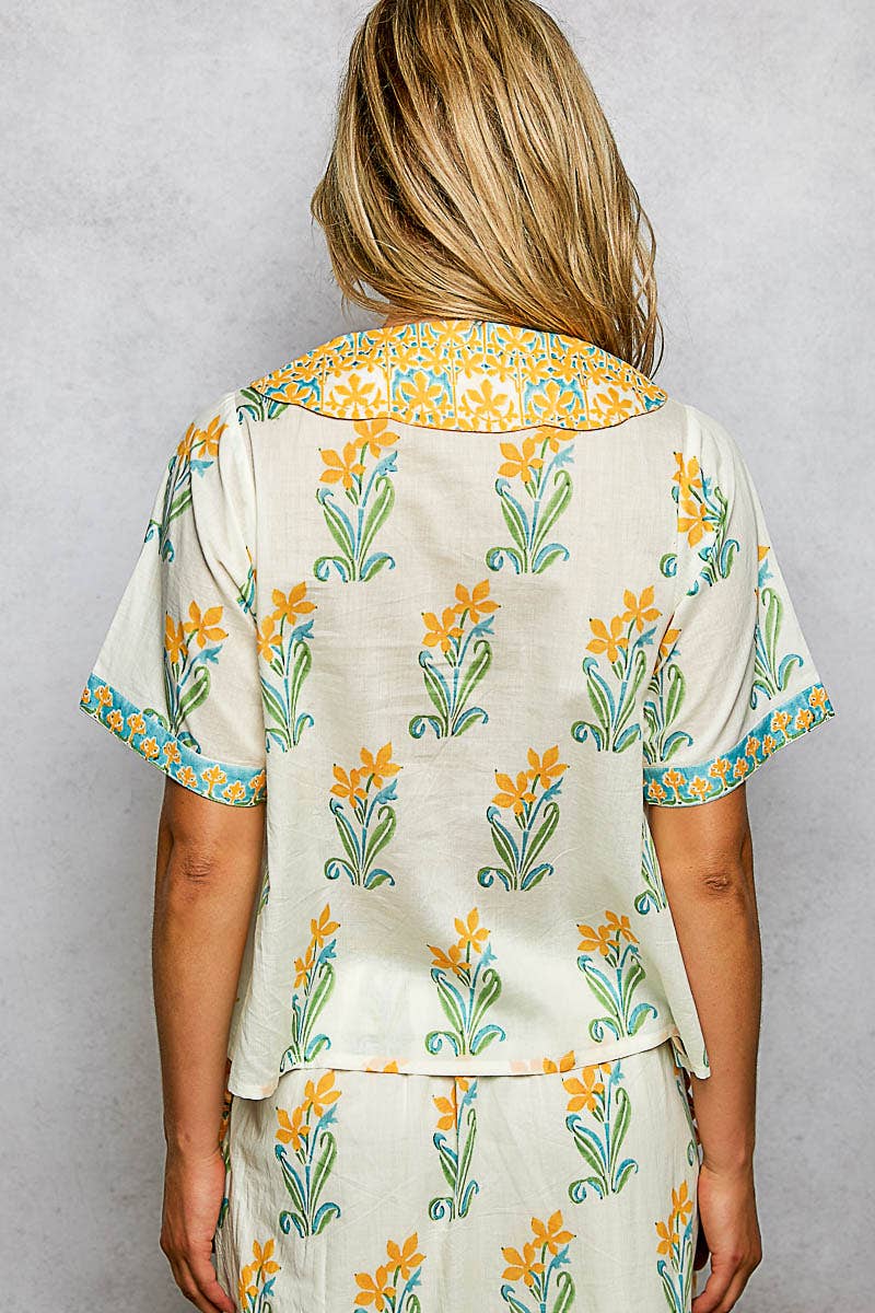 Block Print Short Sleeve Top With Collar