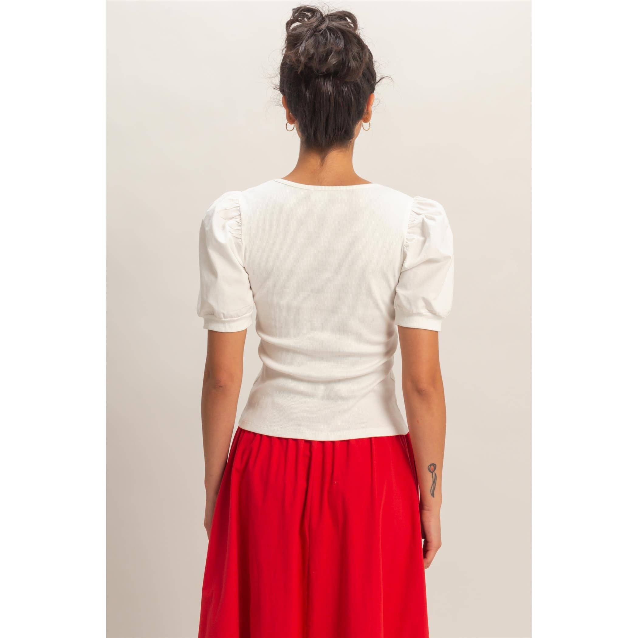 Ribbed Puff Sleeve Scoop Neck Top