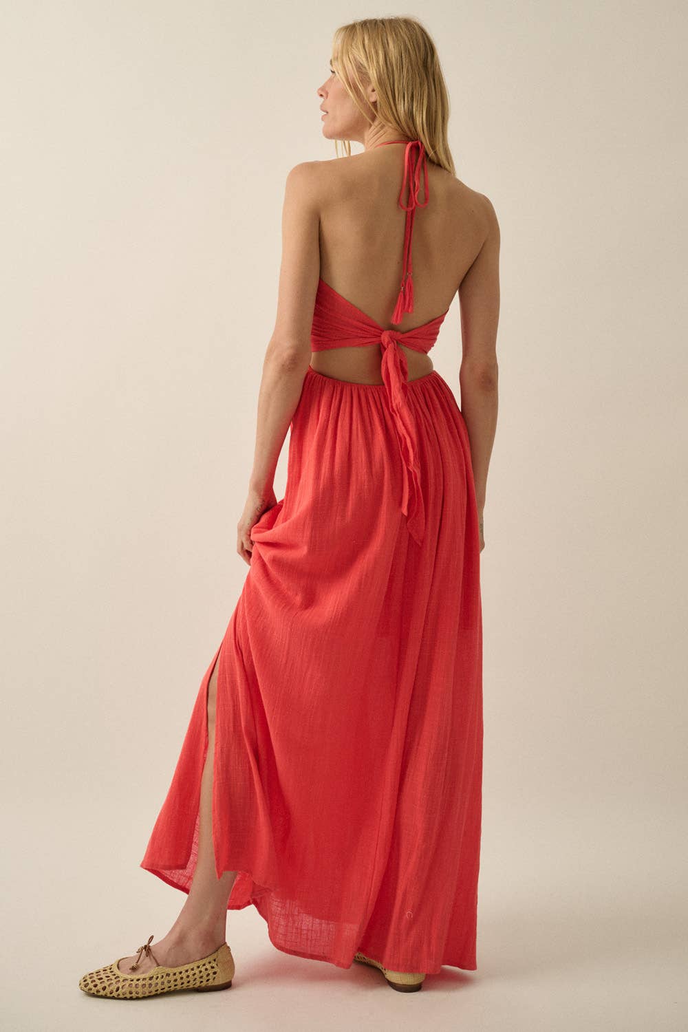 Cotton Gauze Tie-Back Halter Maxi Dress