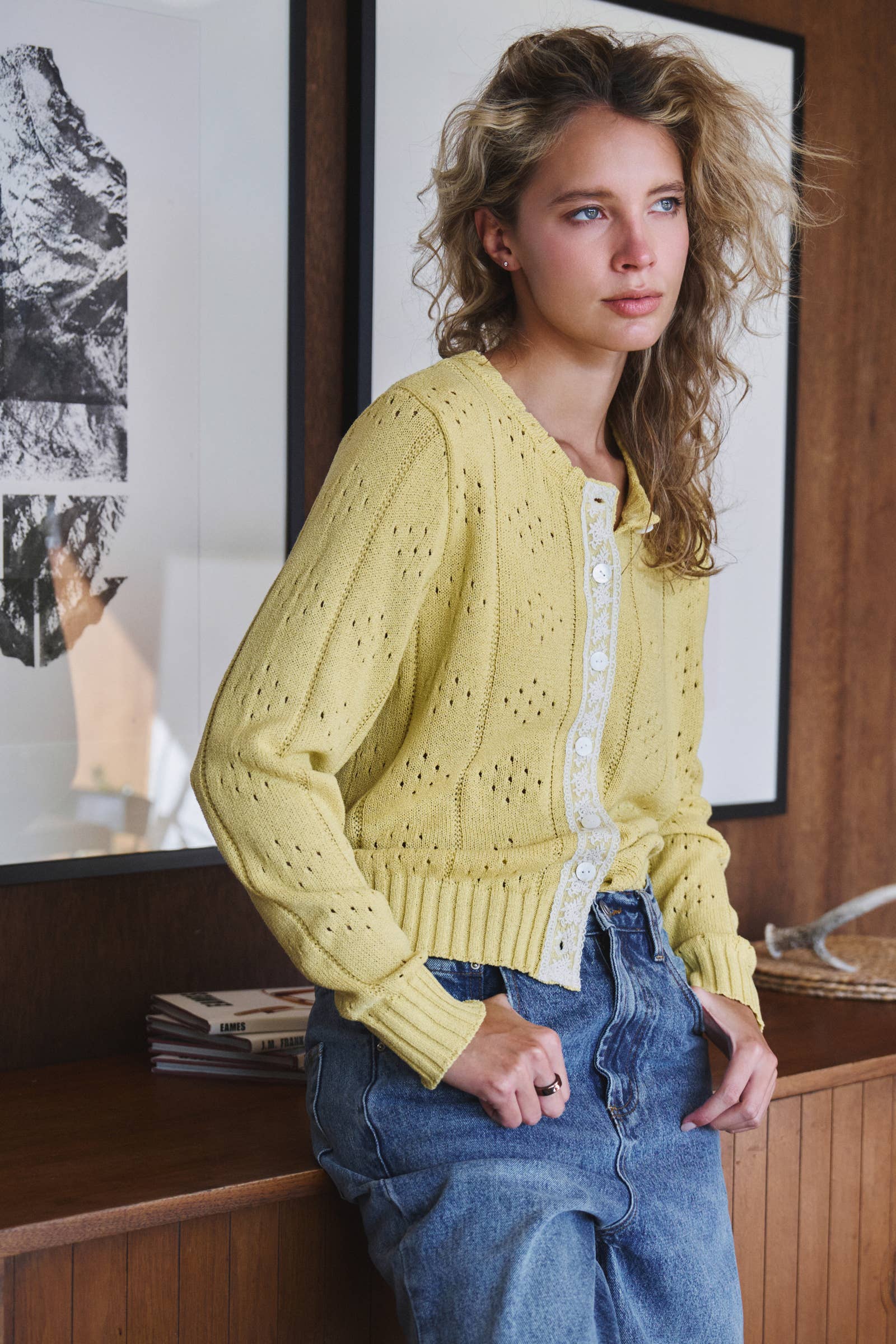 Pointelle Knit Cardigan with Lace Trim