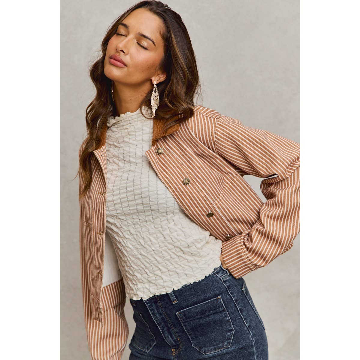 Stripe Twill Button Down Corduroy Collar Jacket