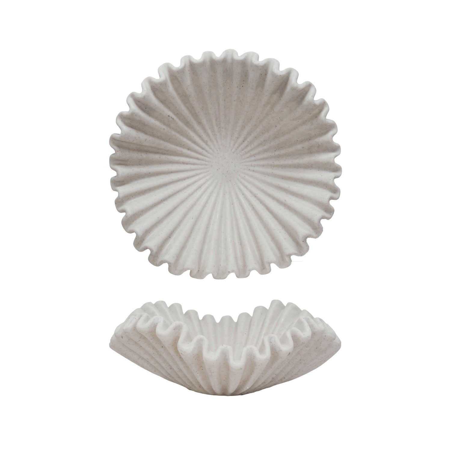 Decorative Resin Ruffled Bowl, Stone Finish, Cream Color