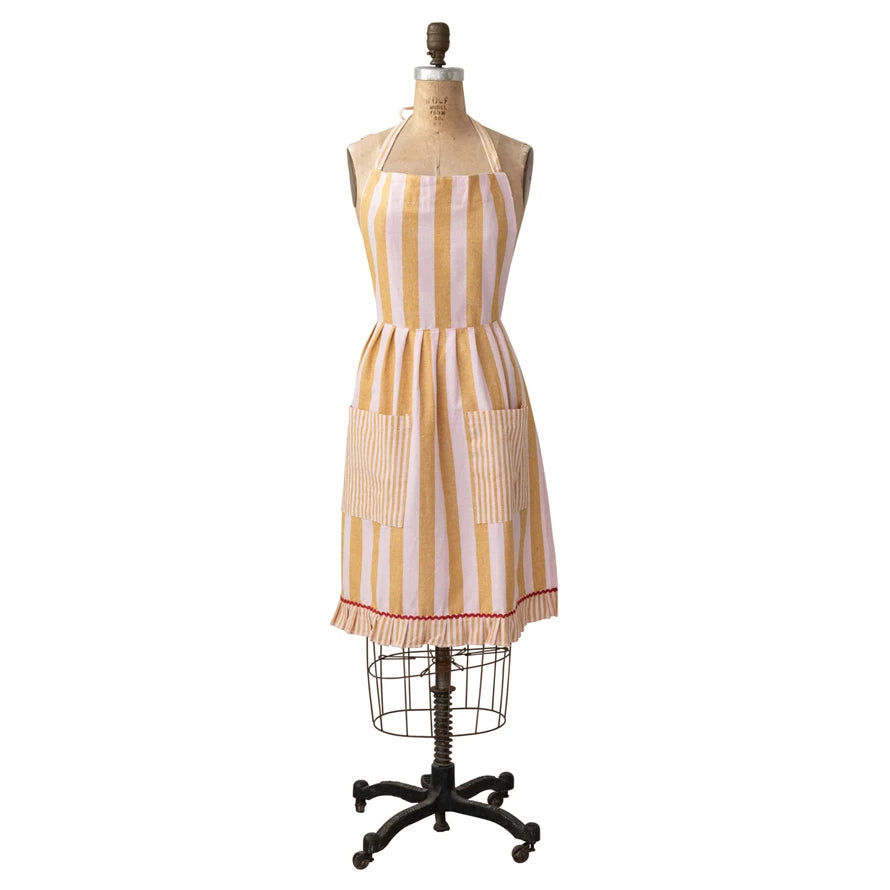 Mustard and Pink Striped Ruffle Apron
