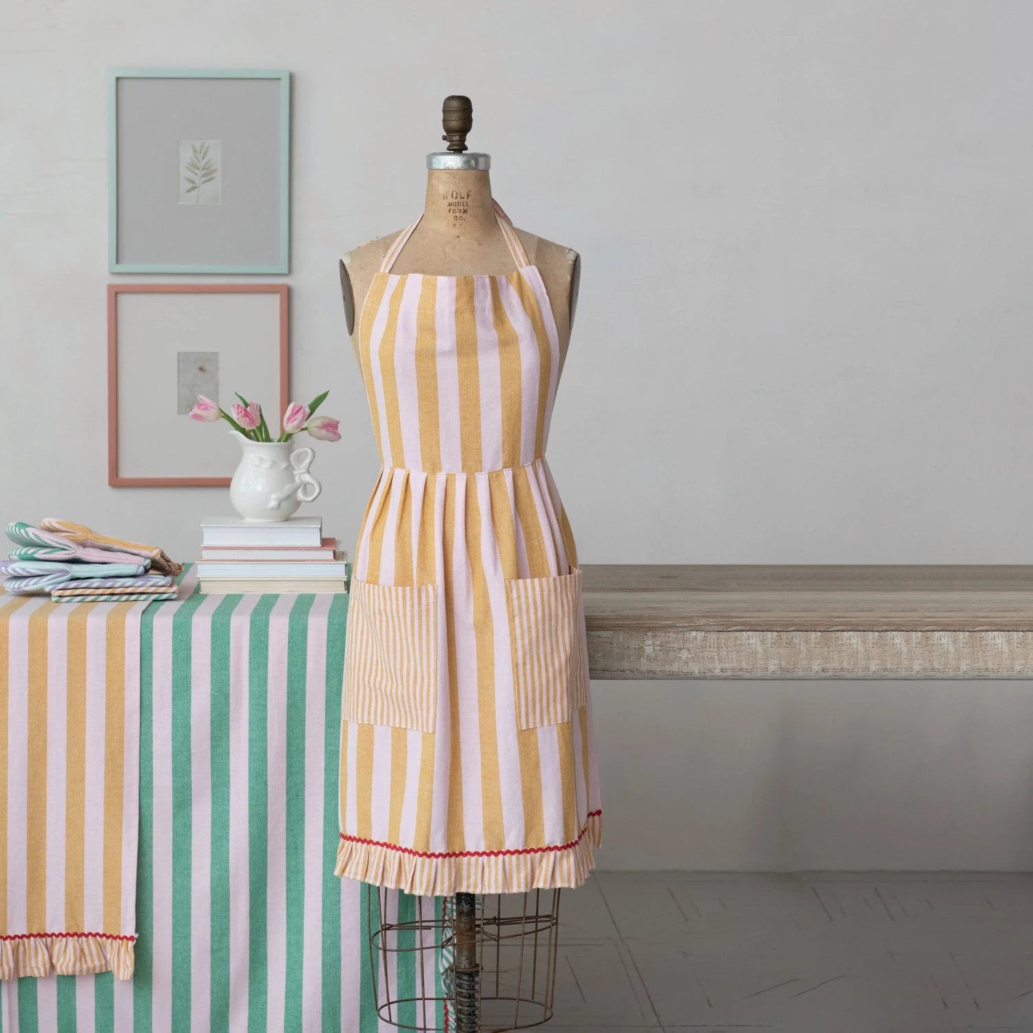 Mustard and Pink Striped Ruffle Apron