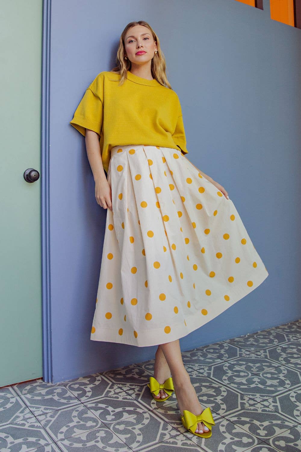 Polka Dot Pleated Midi Skirt