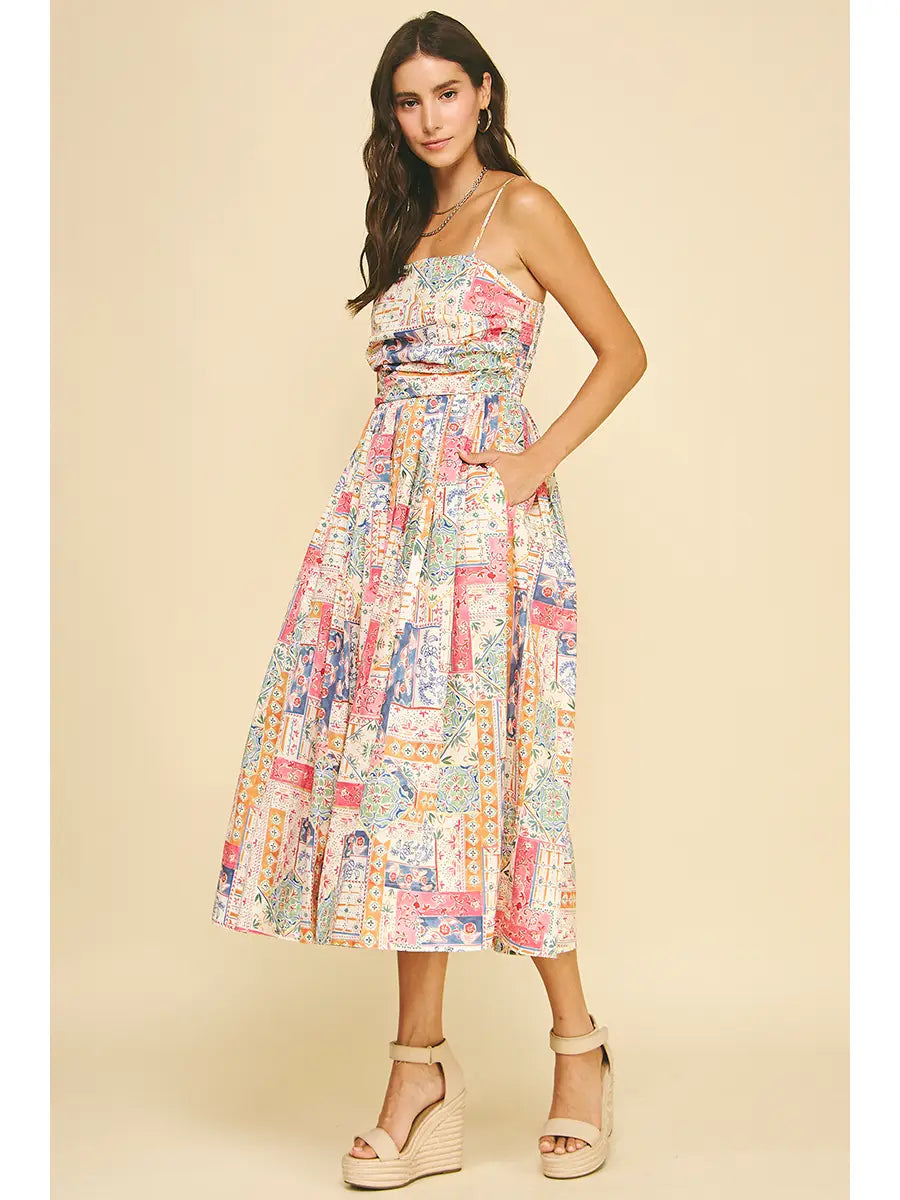 patchwork dress midi Patchwork Print Midi Dress L
