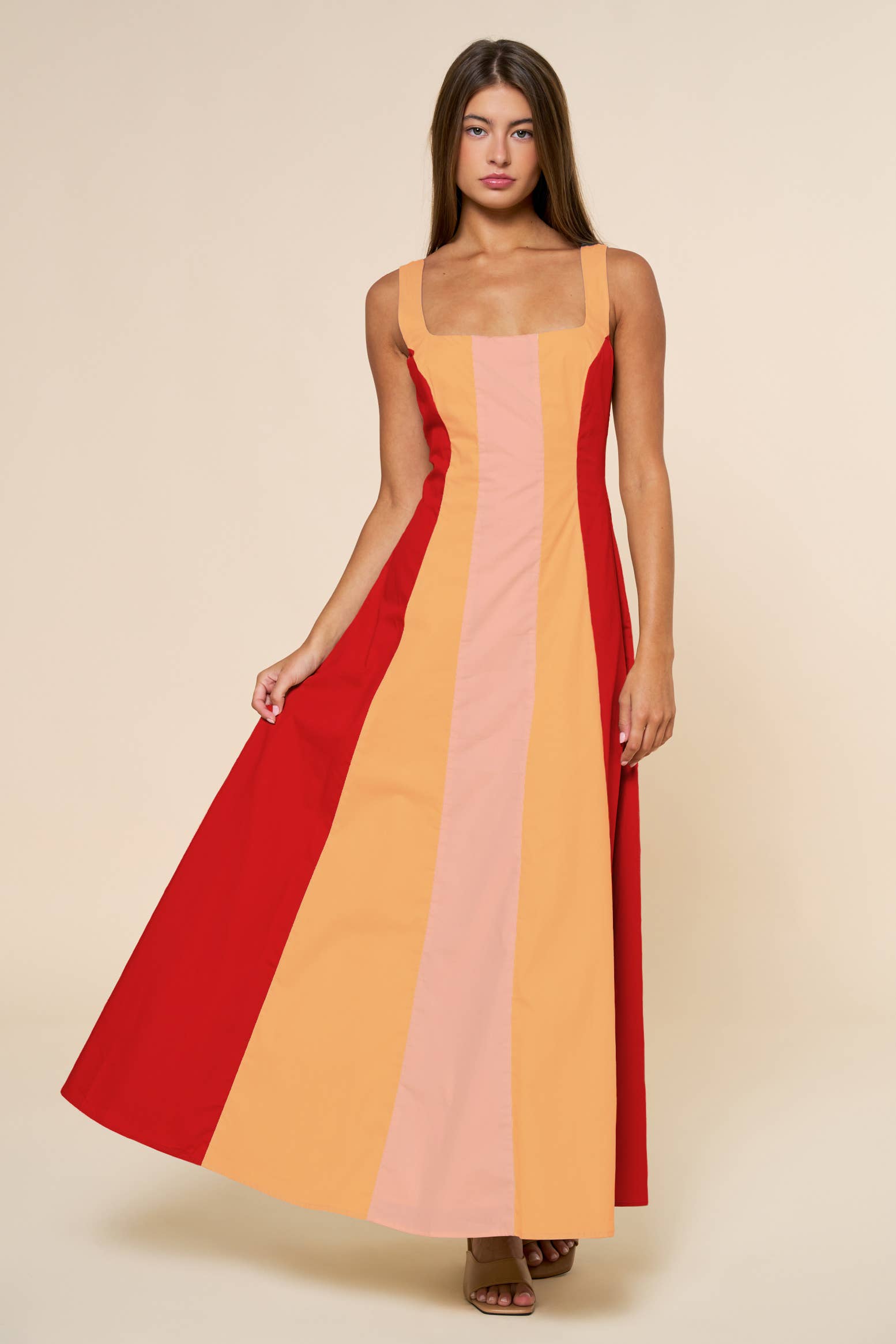 Color Block Square Neck Sleeveless Maxi Dress