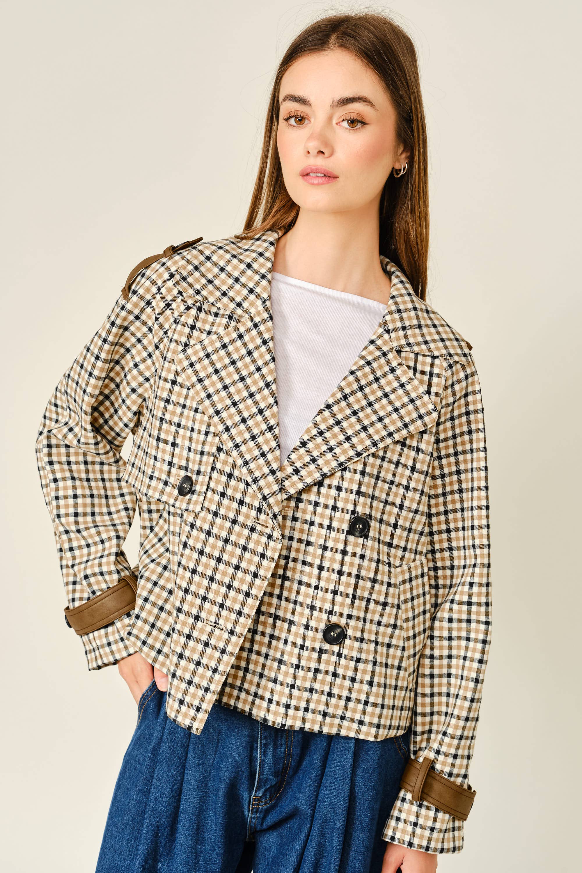 Oxford Plaid Short Trench Jacket