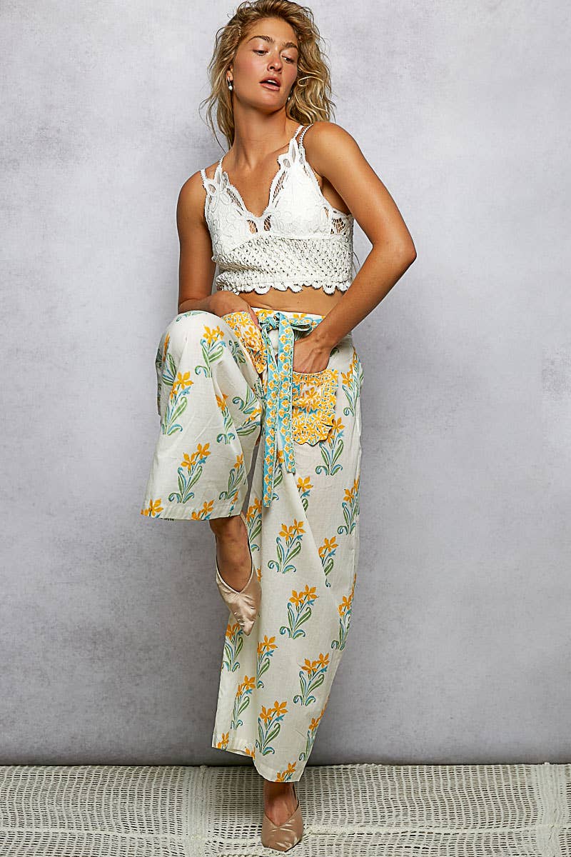 Block Print Belted Wide Pants