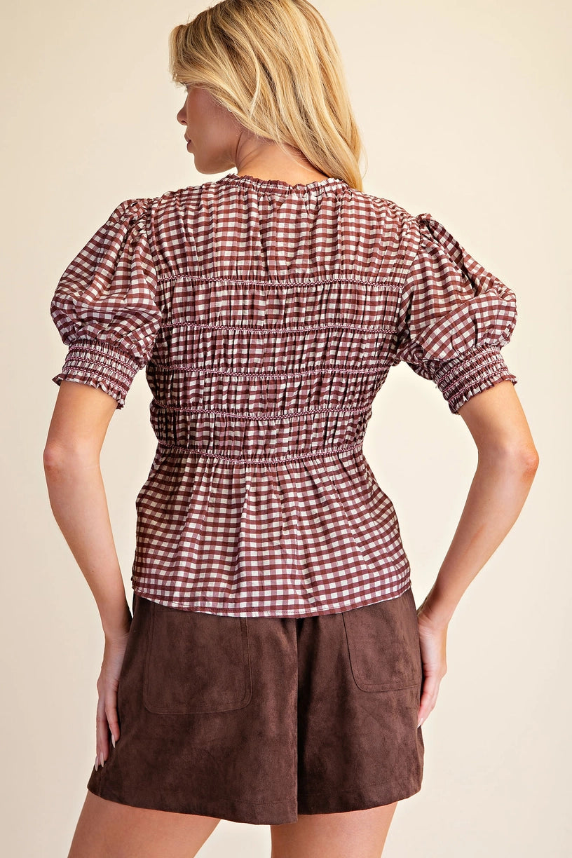 Plaid Smocked Short Sleeve Shirt