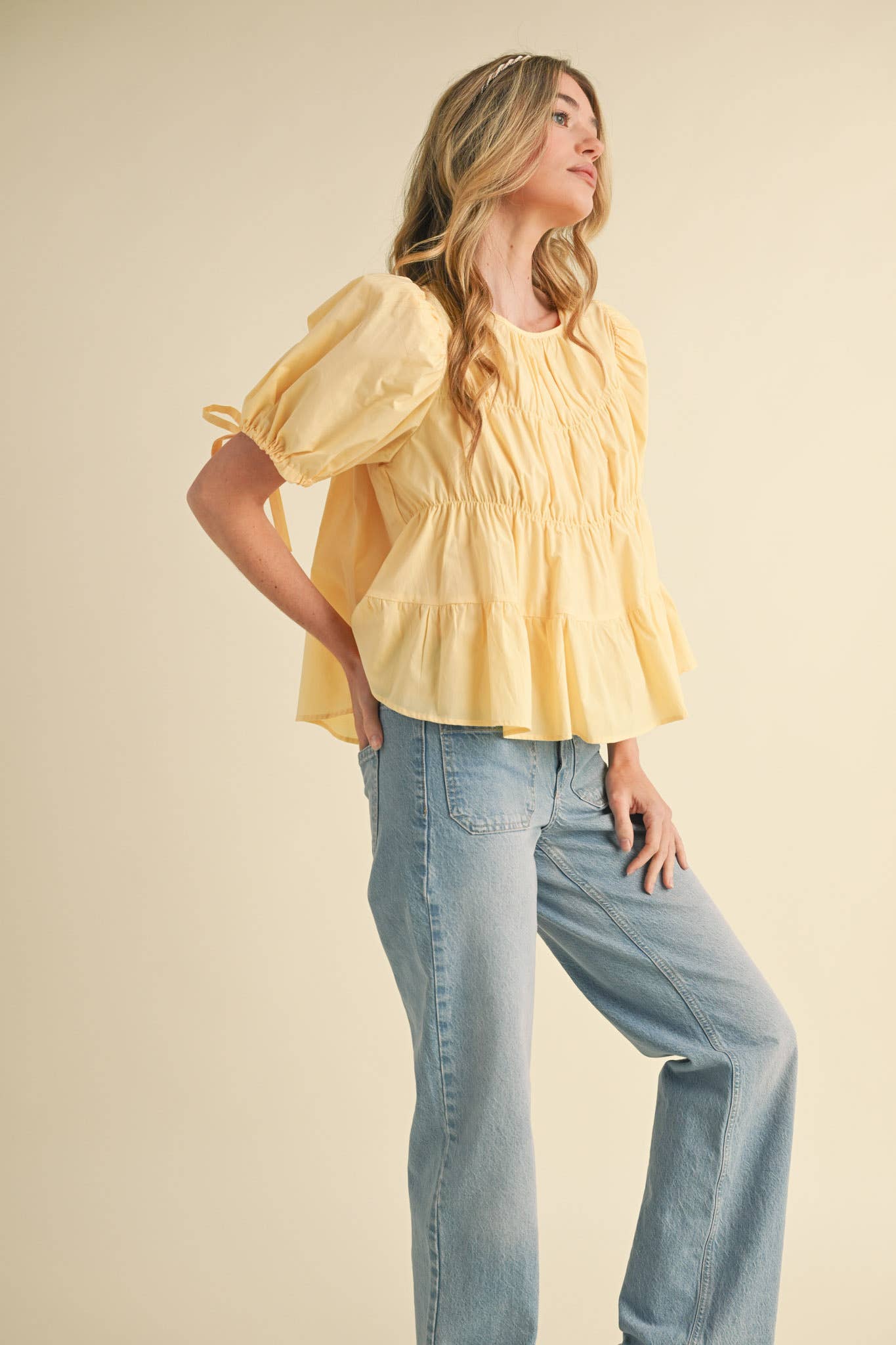 Tiered Shirring Puff Sleeve Top