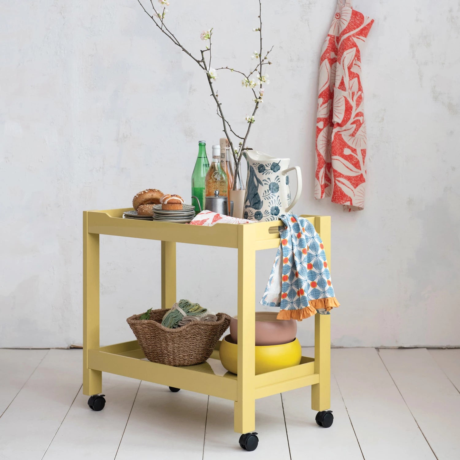 Yellow Lacquered Acacia Wood Bar Cart