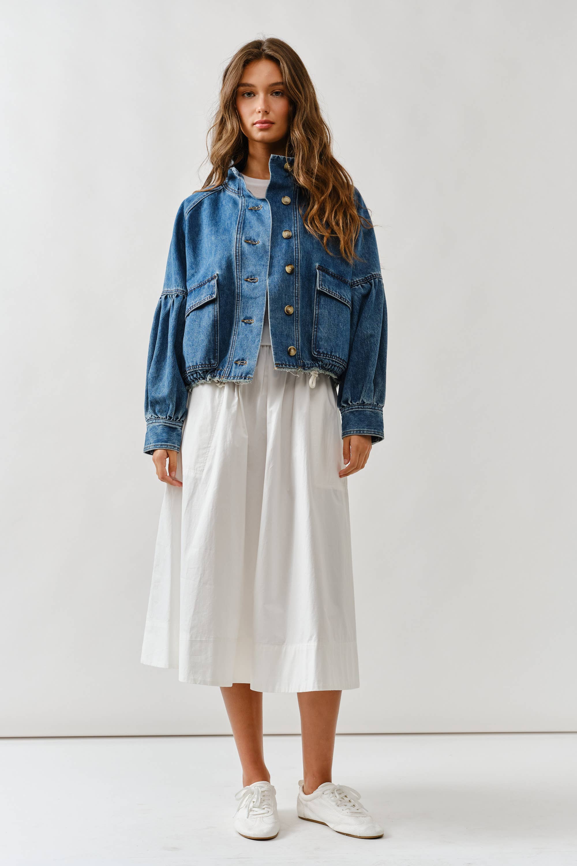 Ballon Sleeve Twill Jacket Drawstring Waist