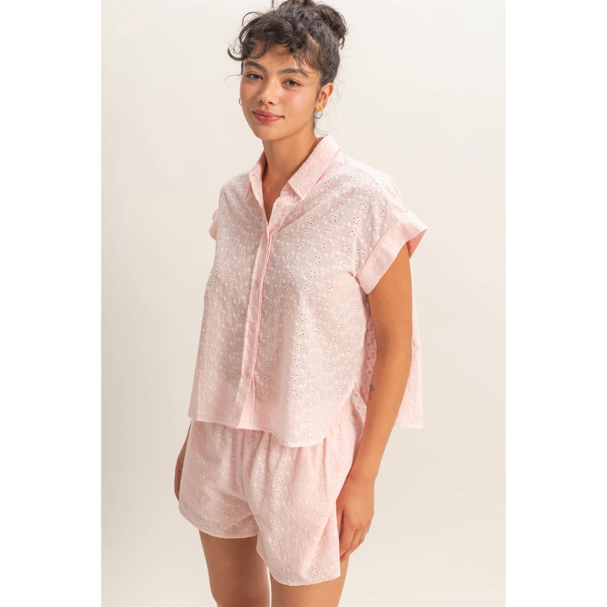 Eyelet Dolman Short Sleeve Button Up Shirt