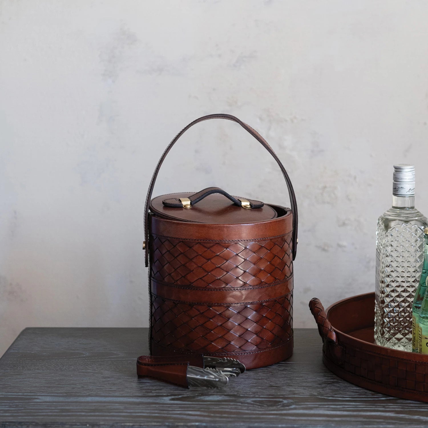 Woven Leather Ice Bucket and Tong