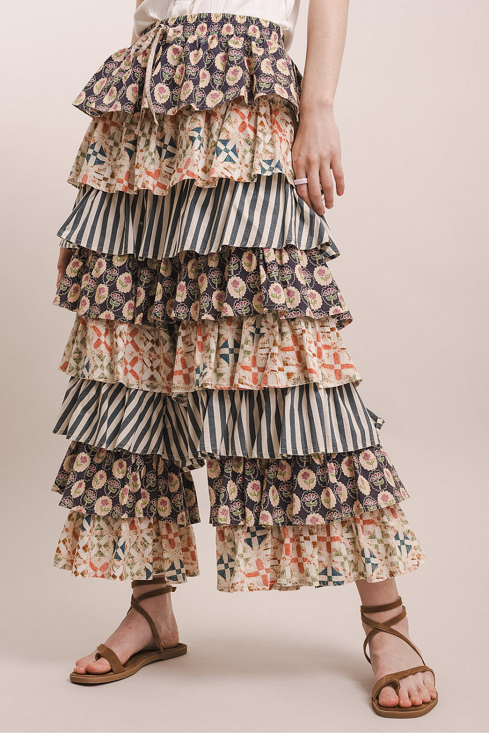 Multi Print Tiered Ruffle Pants