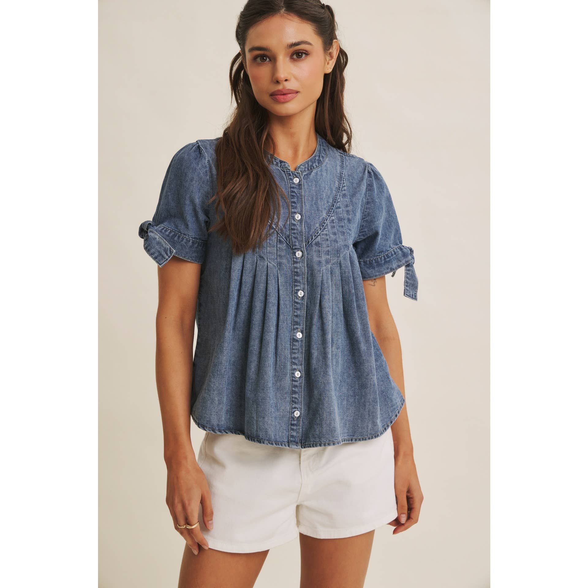 Mineral-Washed Denim Pintuck Shirt