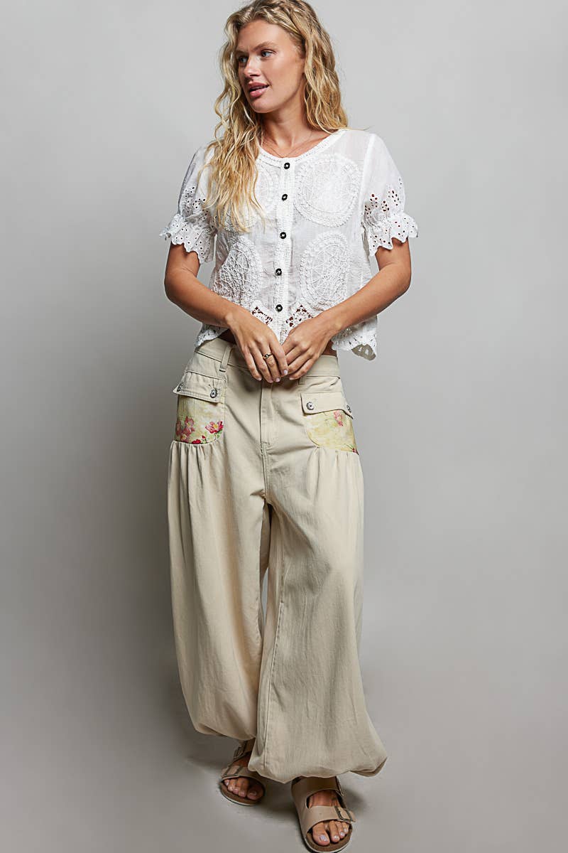 Short Sleeve Button Closure Crochet Top