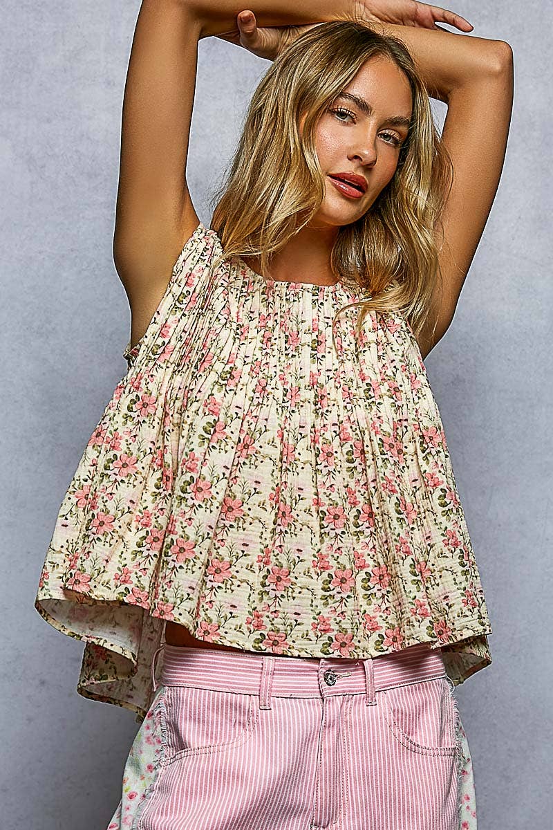 Pintuck Floral Sleeveless Top
