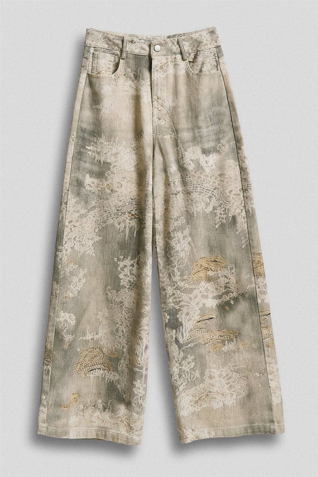 Wide Leg Cotton Pants in Vintage Lace Print