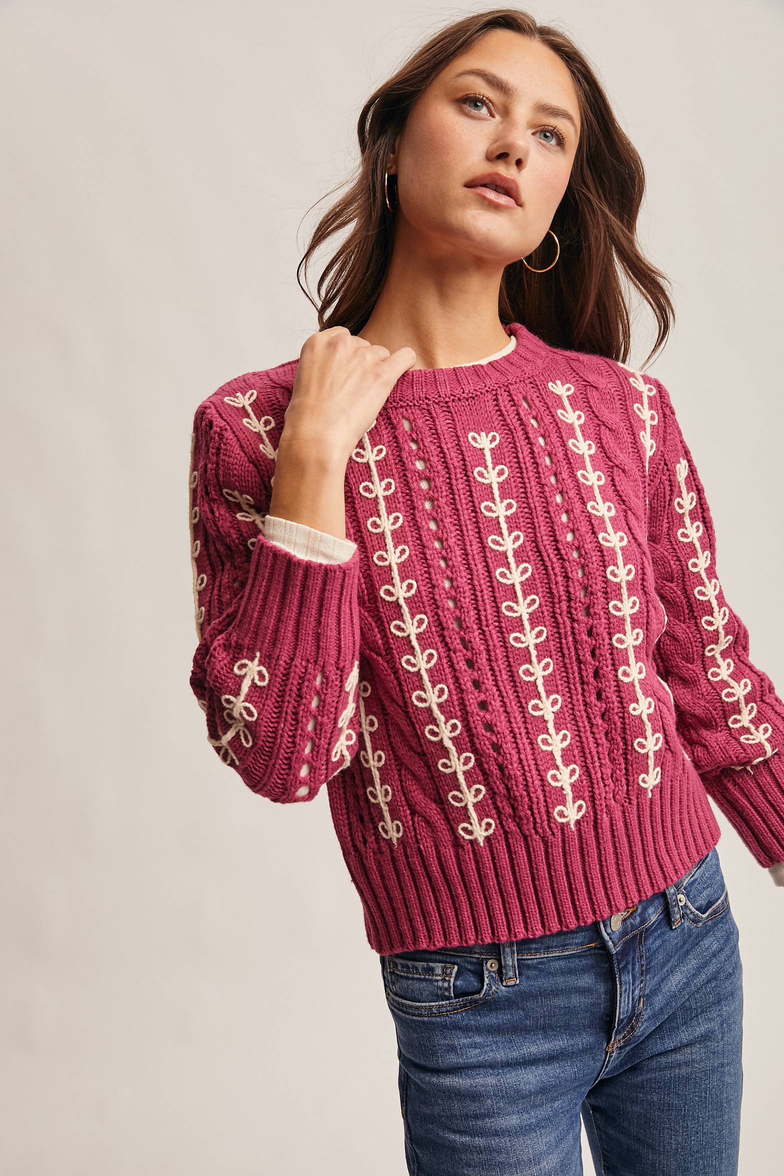Embroidered Cable Knit Pullover