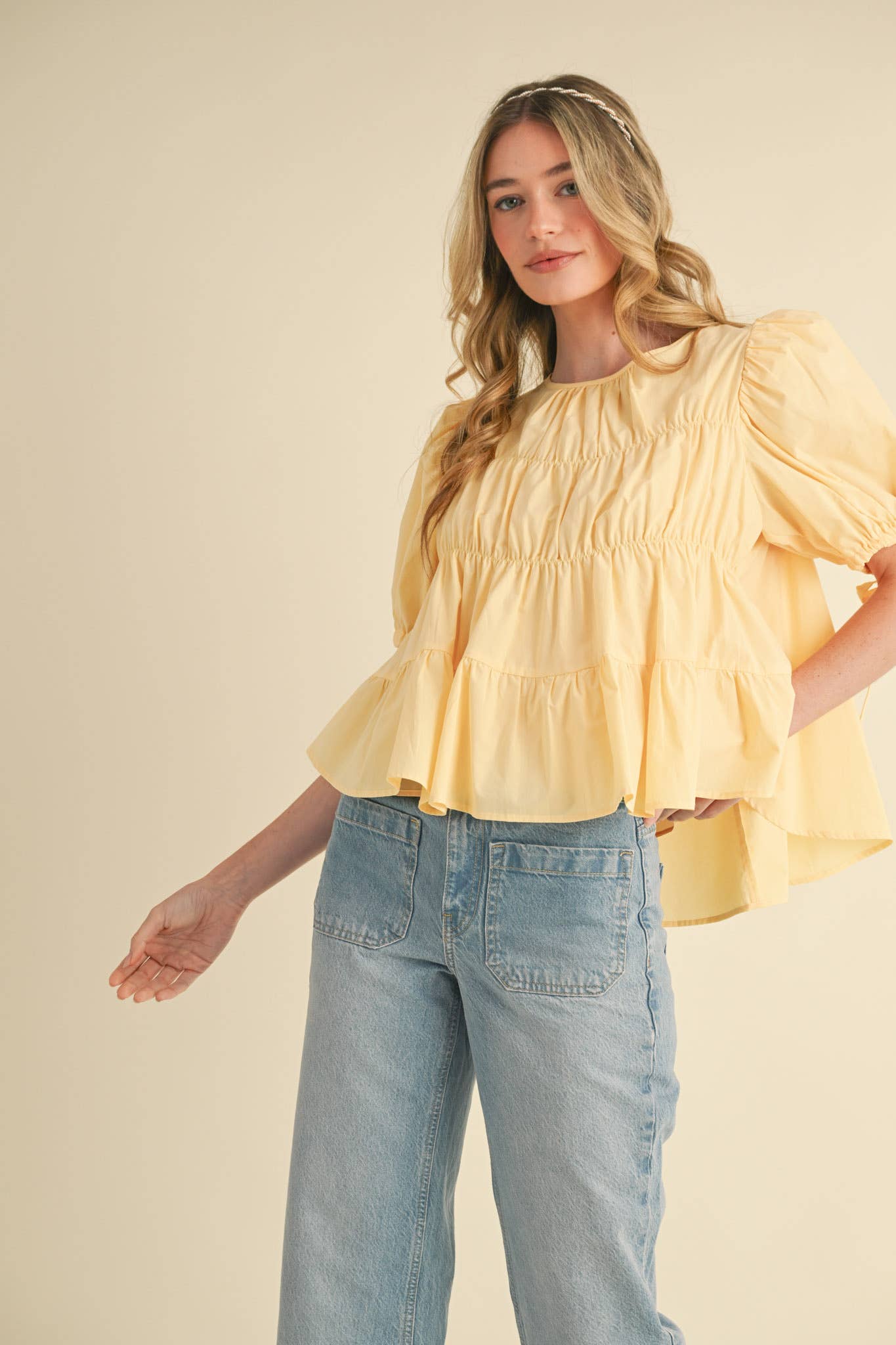 トップス Shirring Mini Puff Sleeve Tops Tiered Shirring Puff Sleeve Top