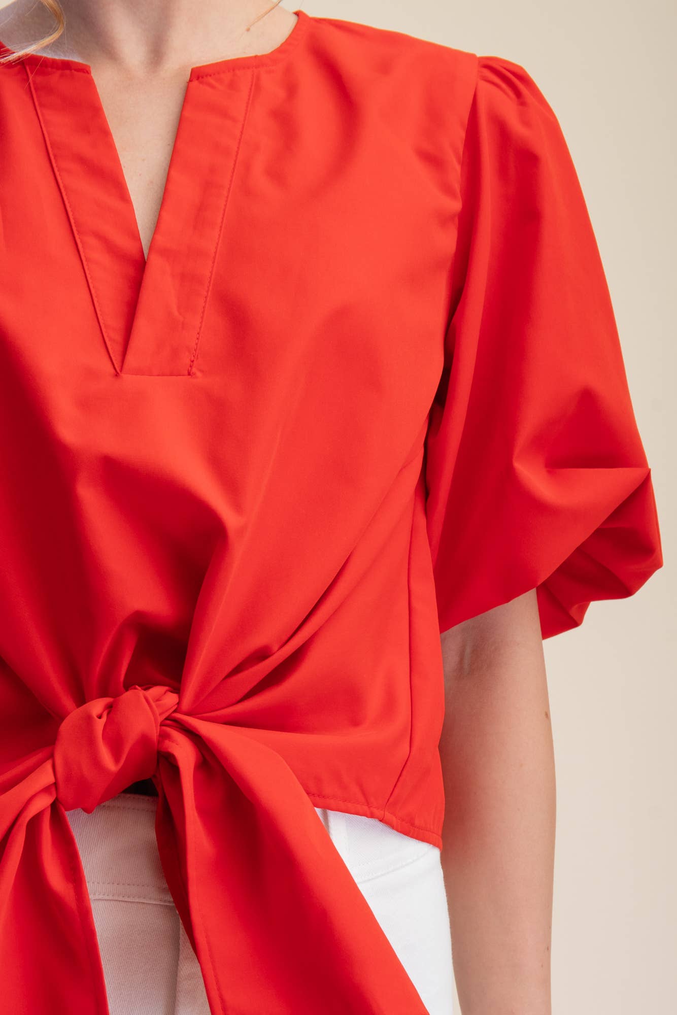 Tie-Front Blouse Puff Sleeve