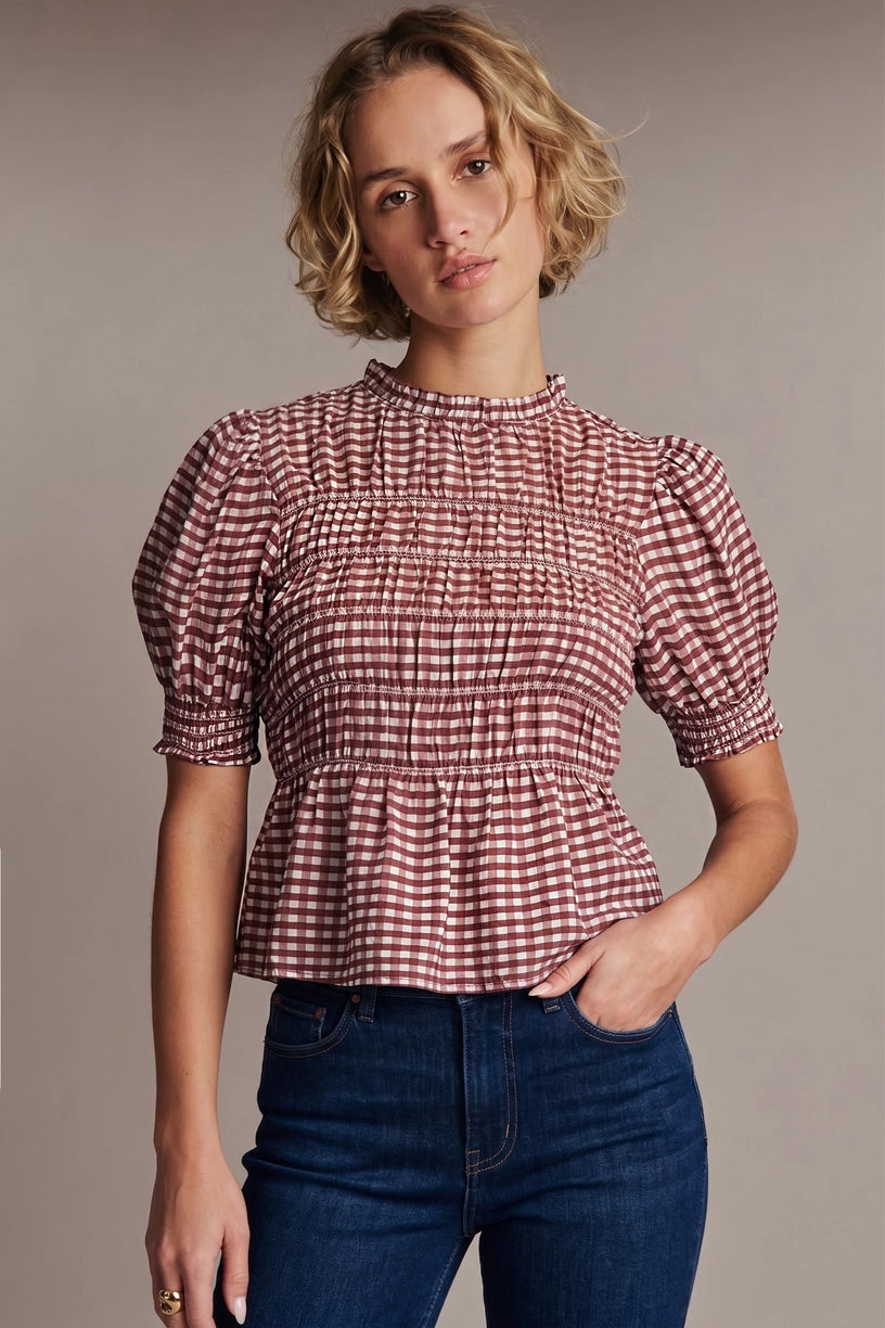 Plaid Smocked Short Sleeve Shirt