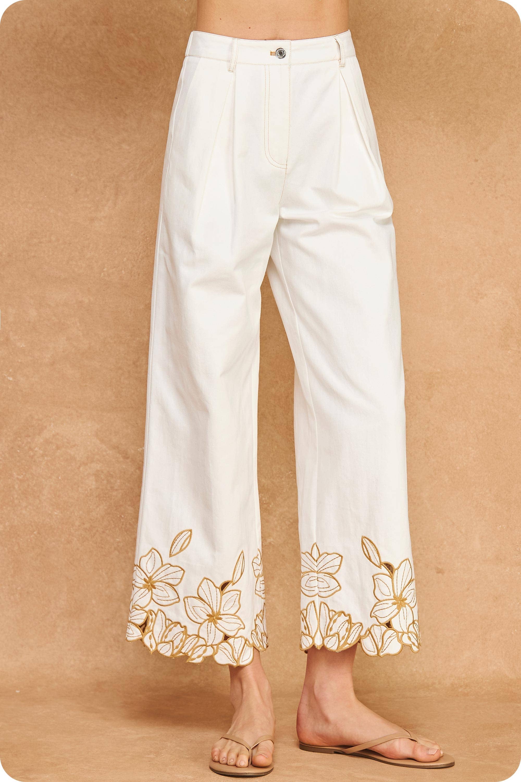 Floral Cut-Out Embroidery Twill Pants