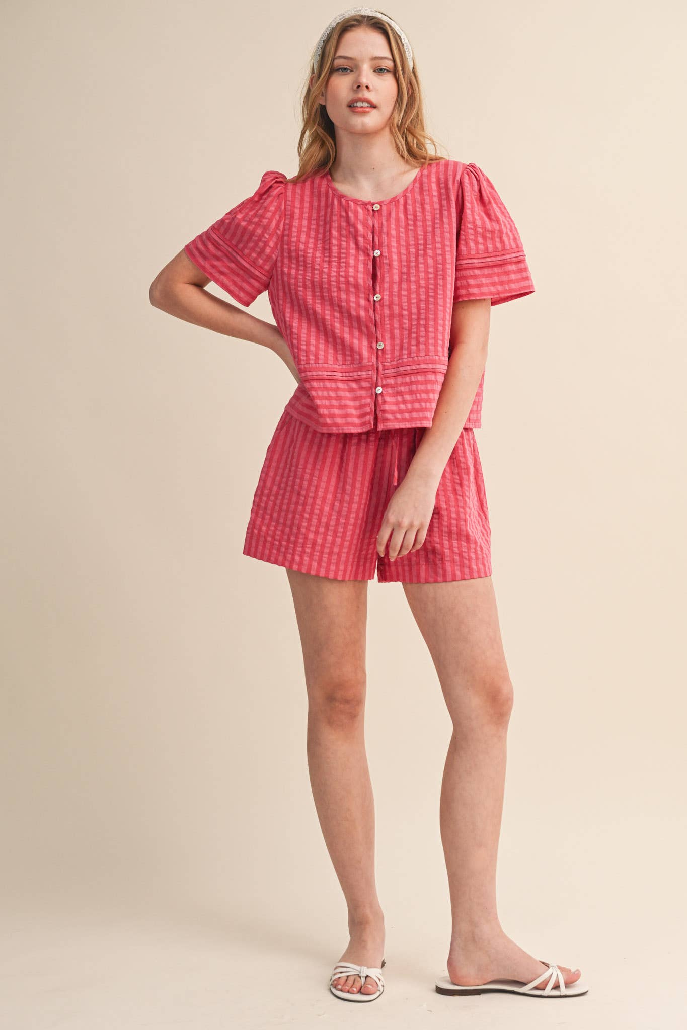 Striped Button Up Top and Shorts Set