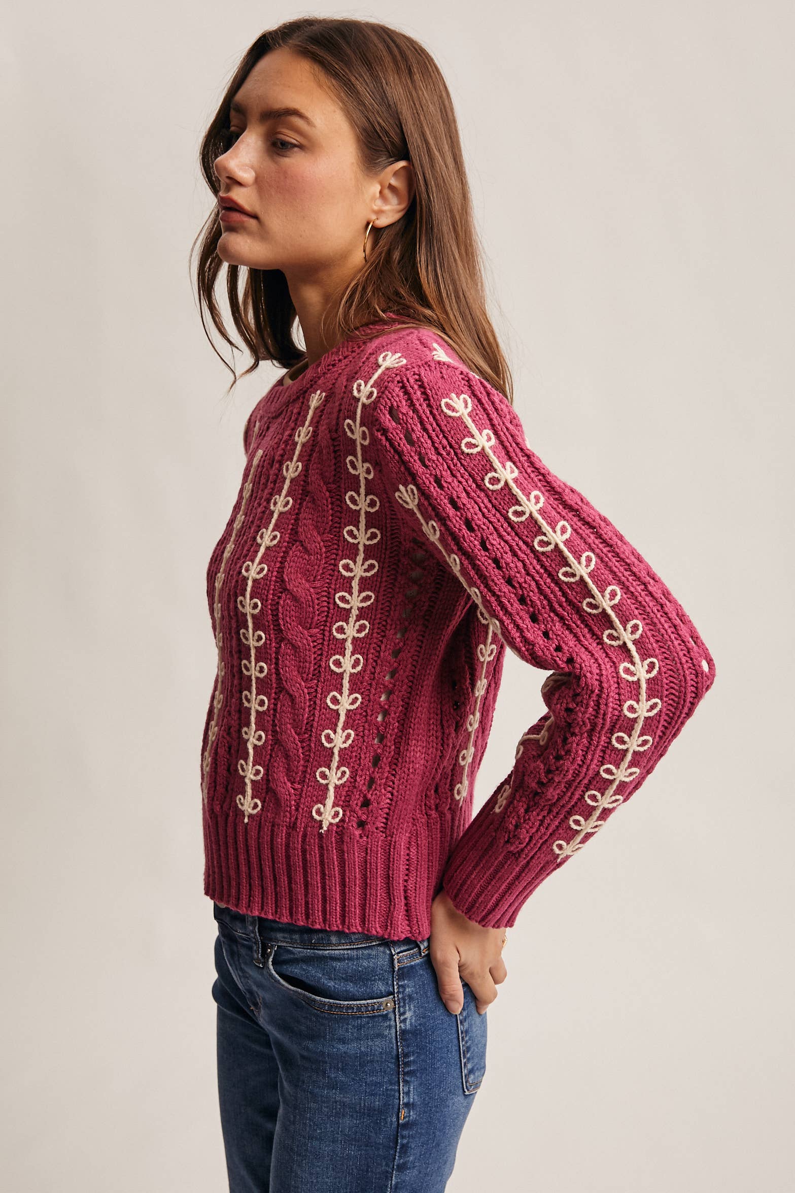 Embroidered Cable Knit Pullover