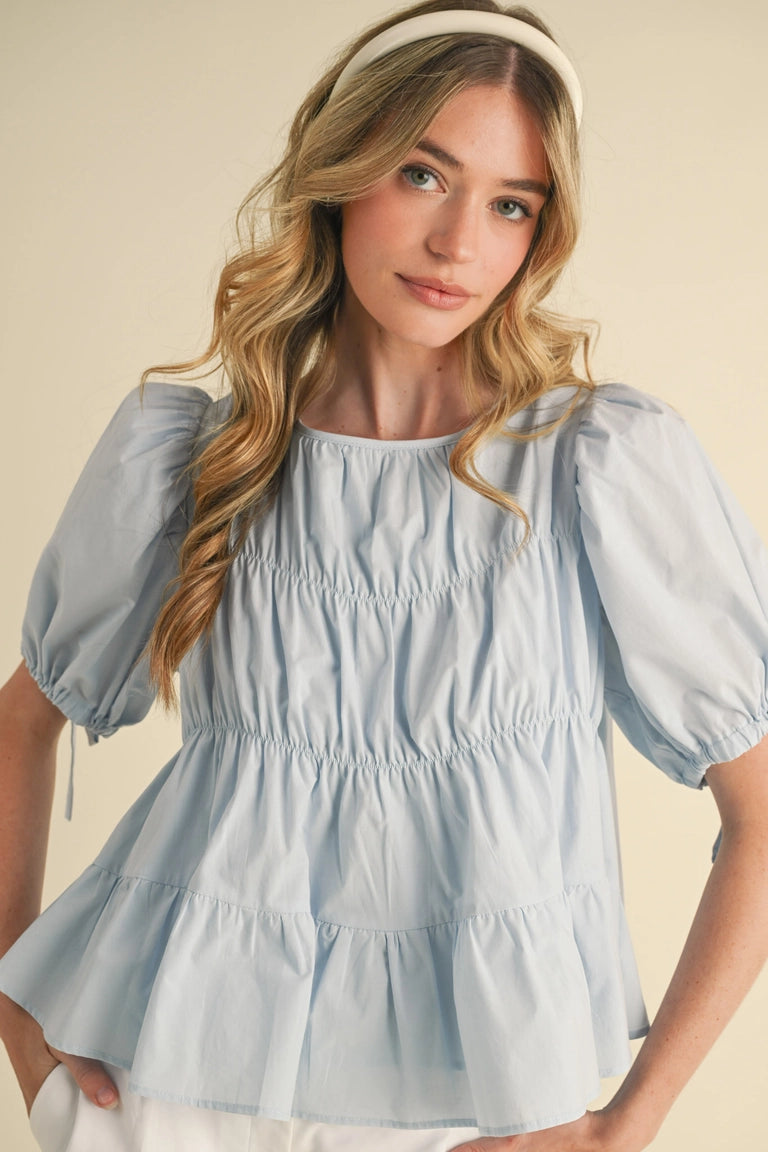 Tiered Shirring Puff Sleeve Top