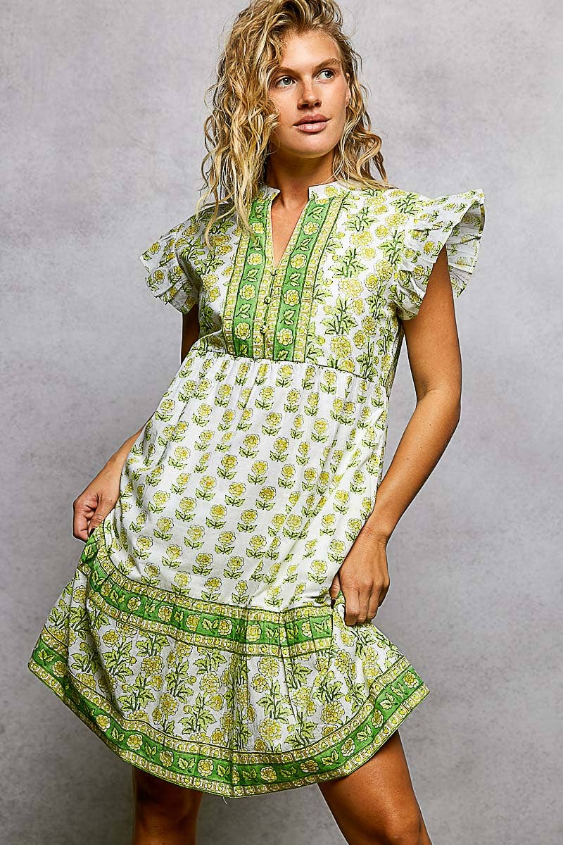 Block Print Print Ruffle Sleeve Midi Dress