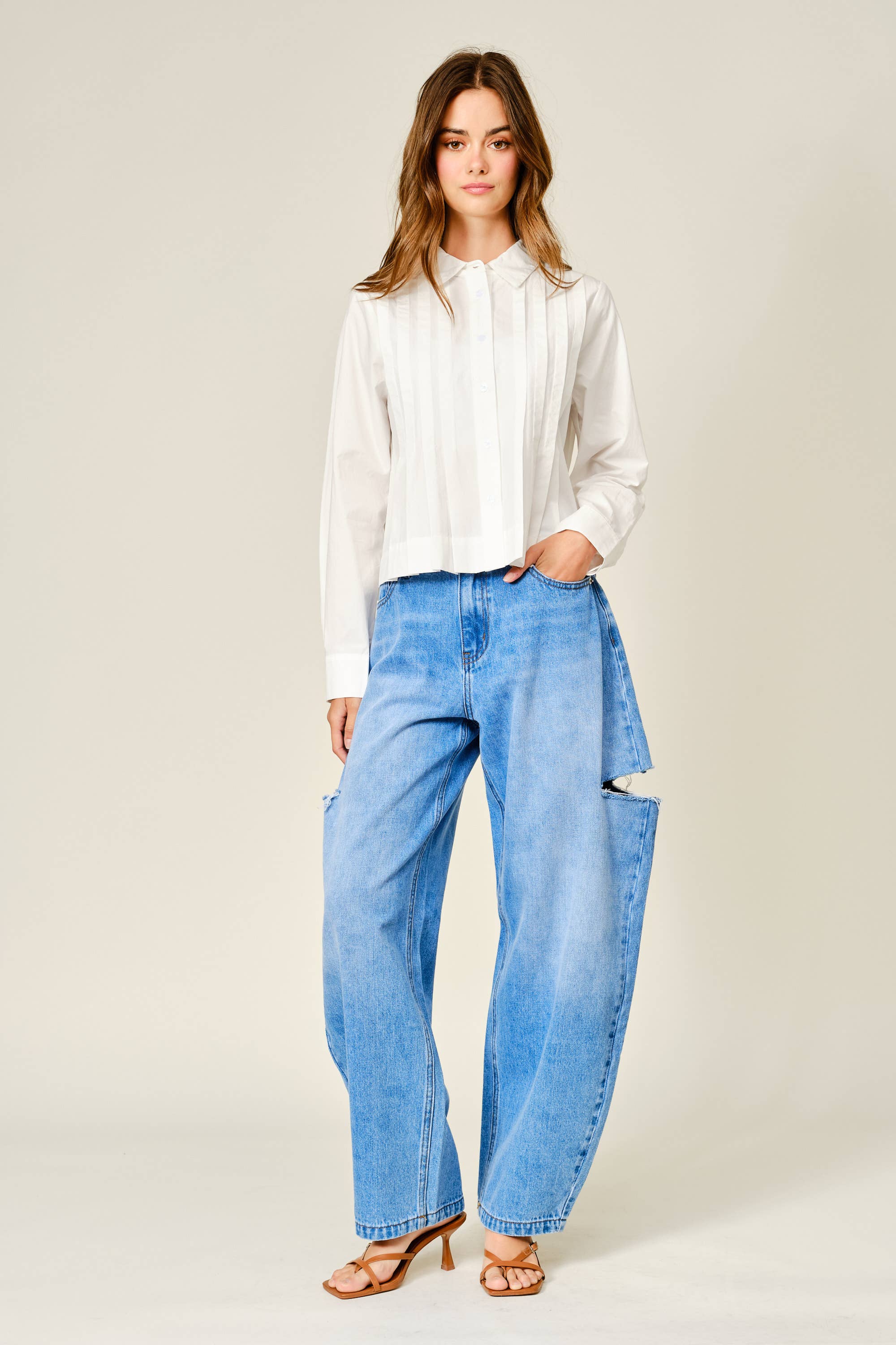 Pleated Cotton Button Down Shirt