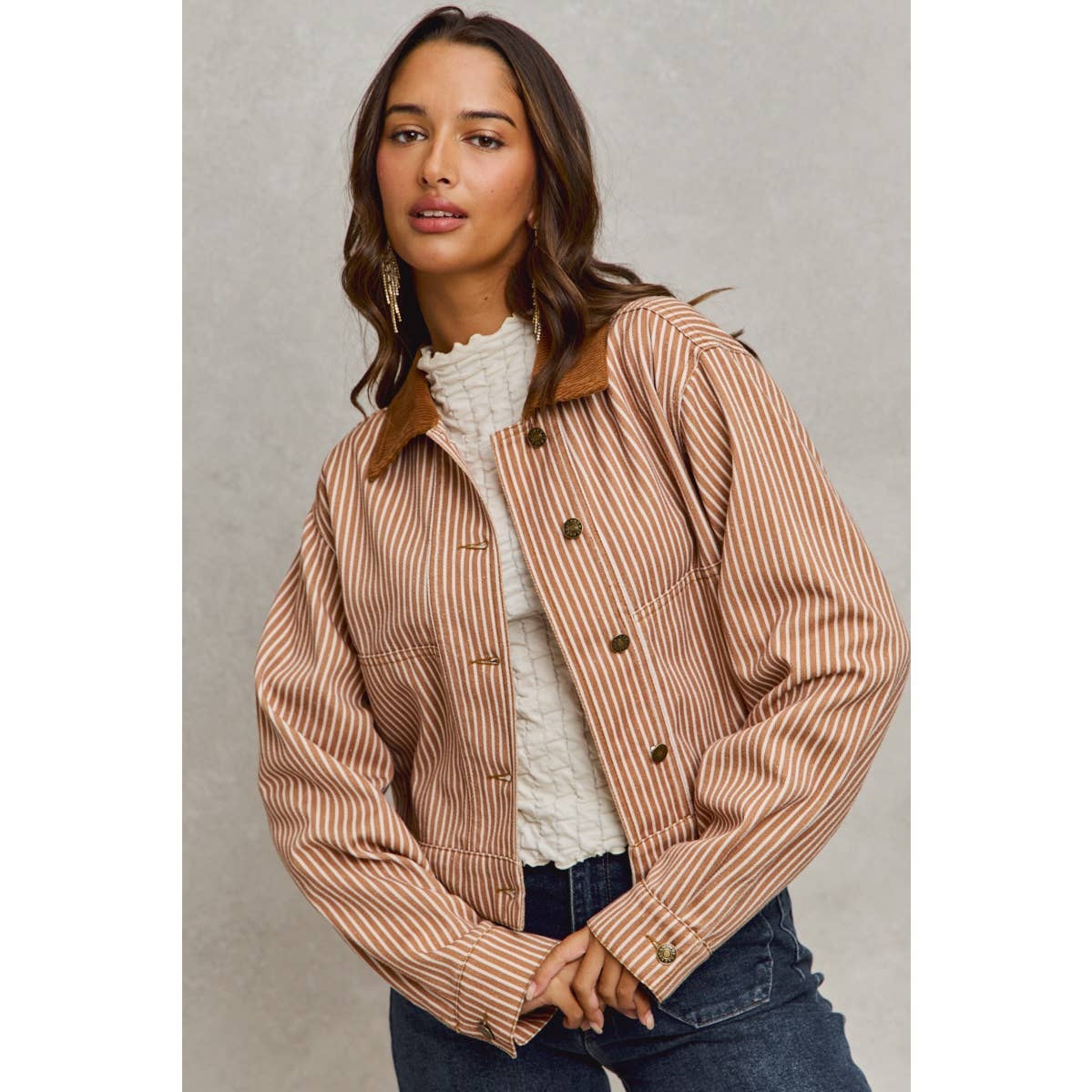 Stripe Twill Button Down Corduroy Collar Jacket