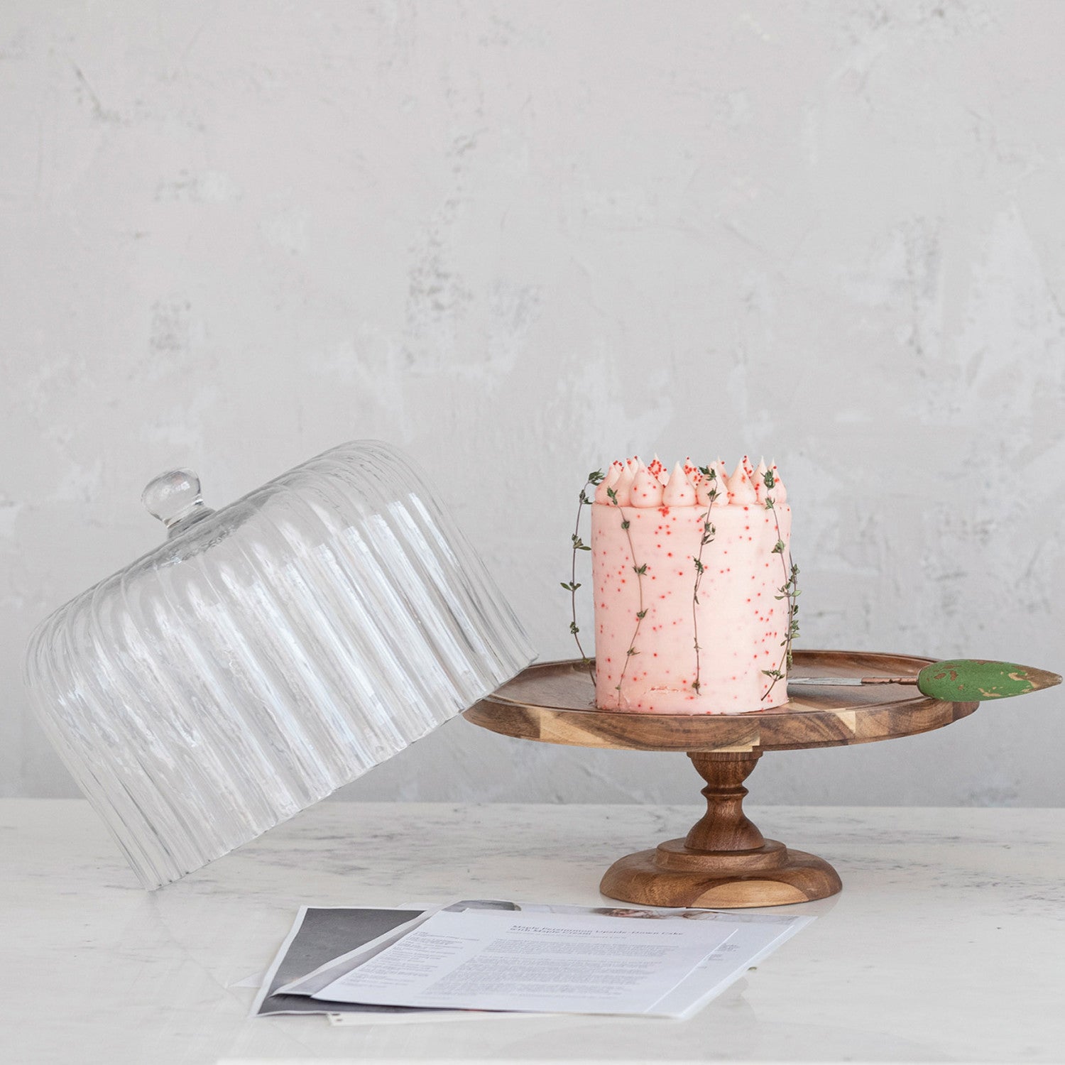 Fluted Glass and Wood Cake Stand