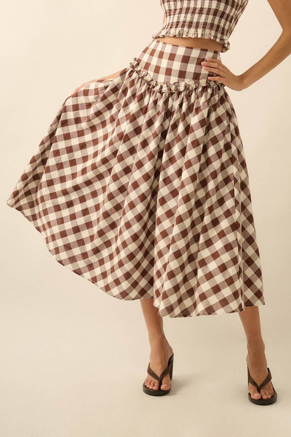 Gingham Plaid Drop-Waist Ruffle-Tim Circle Midi Skirt