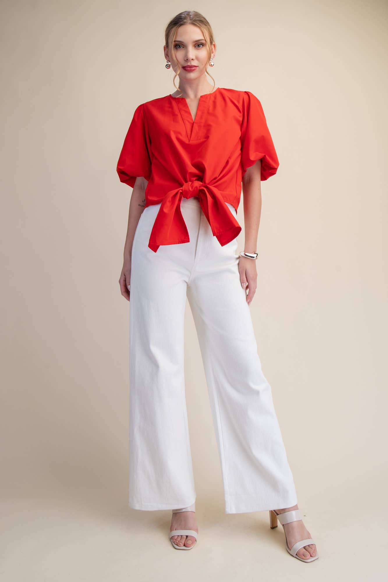 Tie-Front Blouse Puff Sleeve